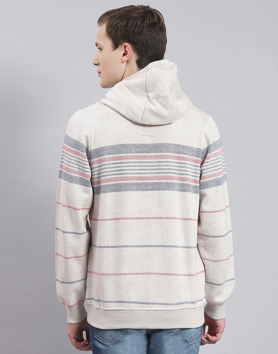 Men Grey Stripe Hooded Full Sleeve Sweatshirt - Image 5