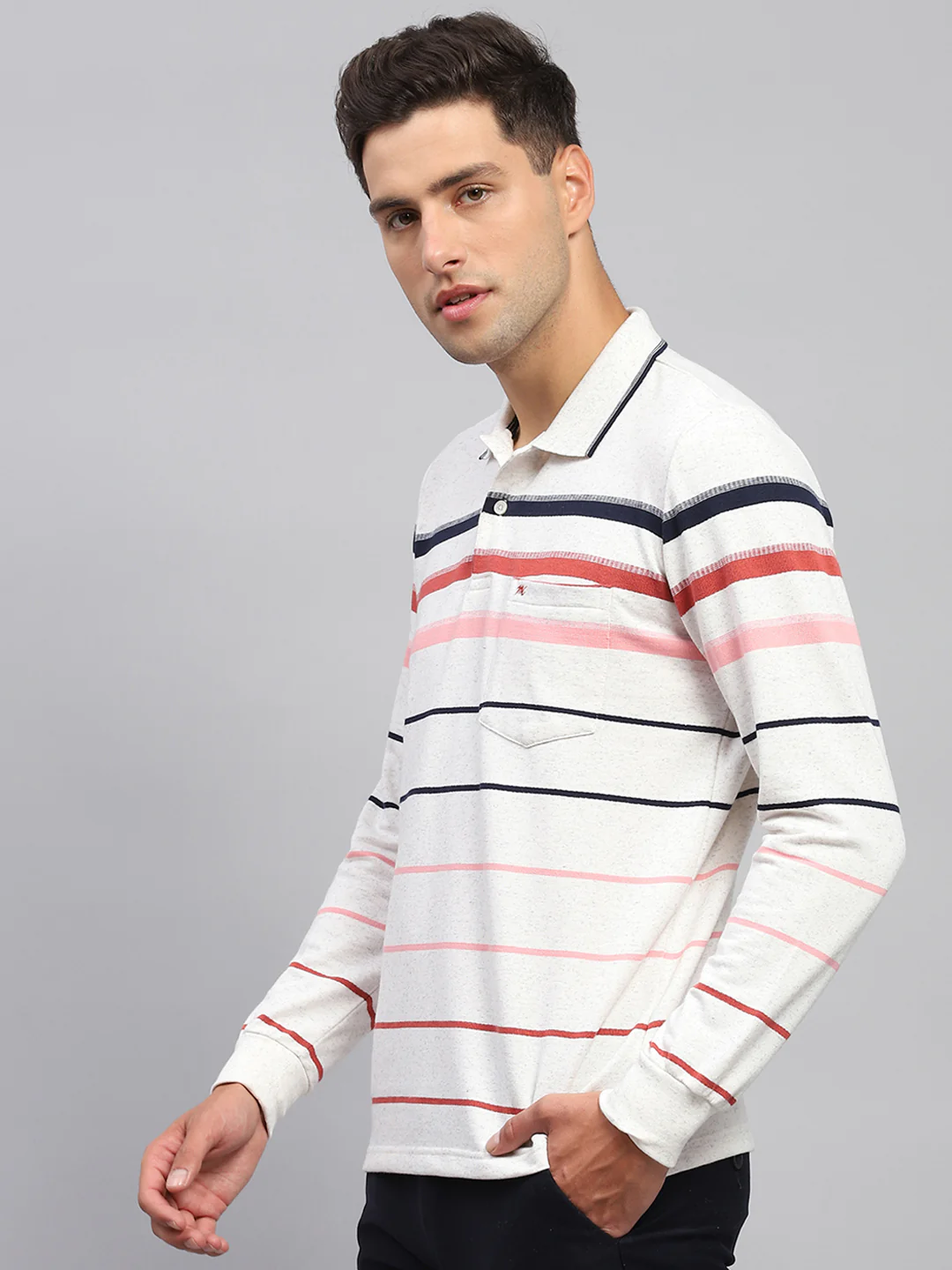 Men Grey Stripe Polo Collar Full Sleeve T-Shirt - Image 3