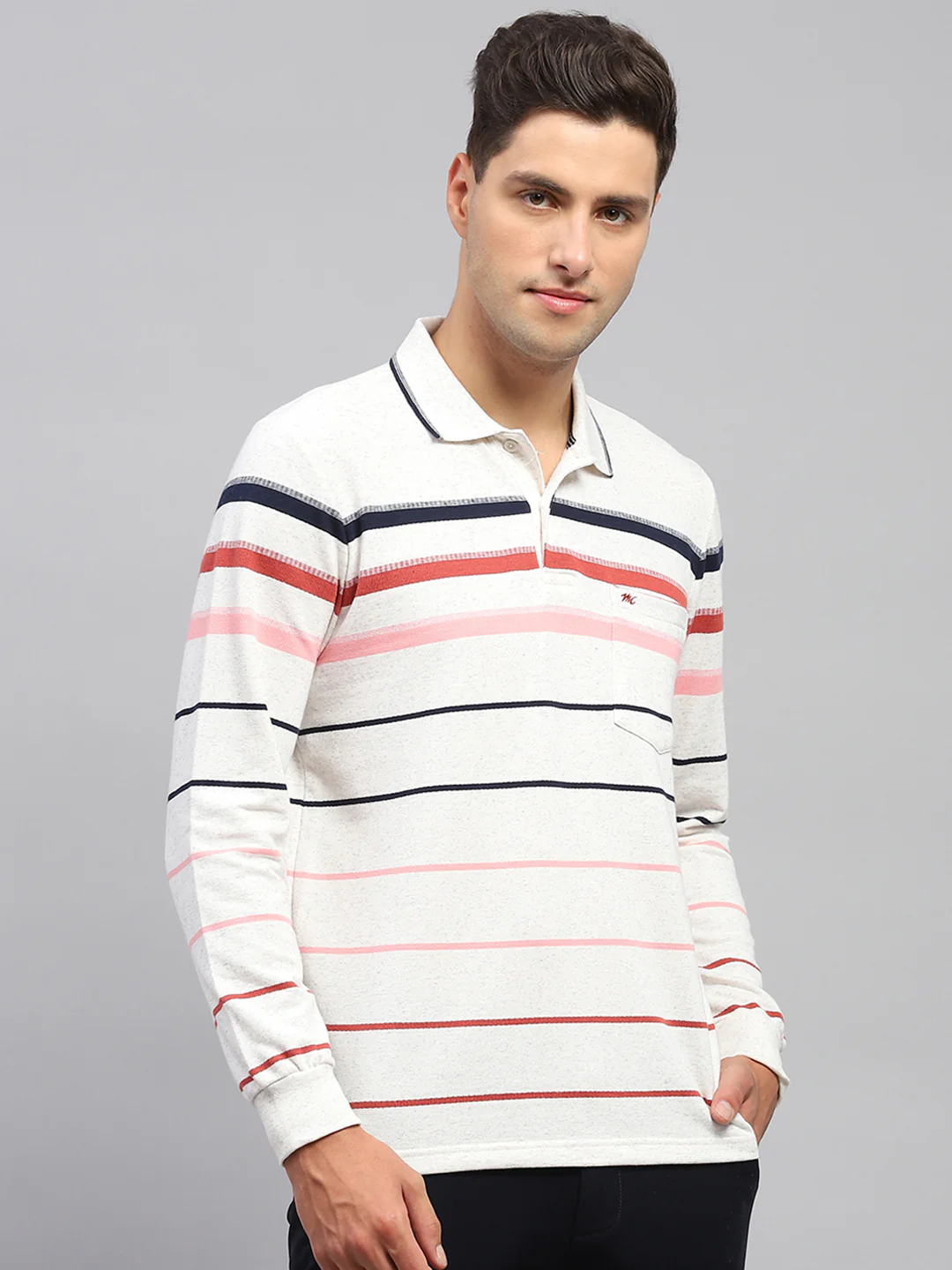 Men Grey Stripe Polo Collar Full Sleeve T-Shirt - Image 4