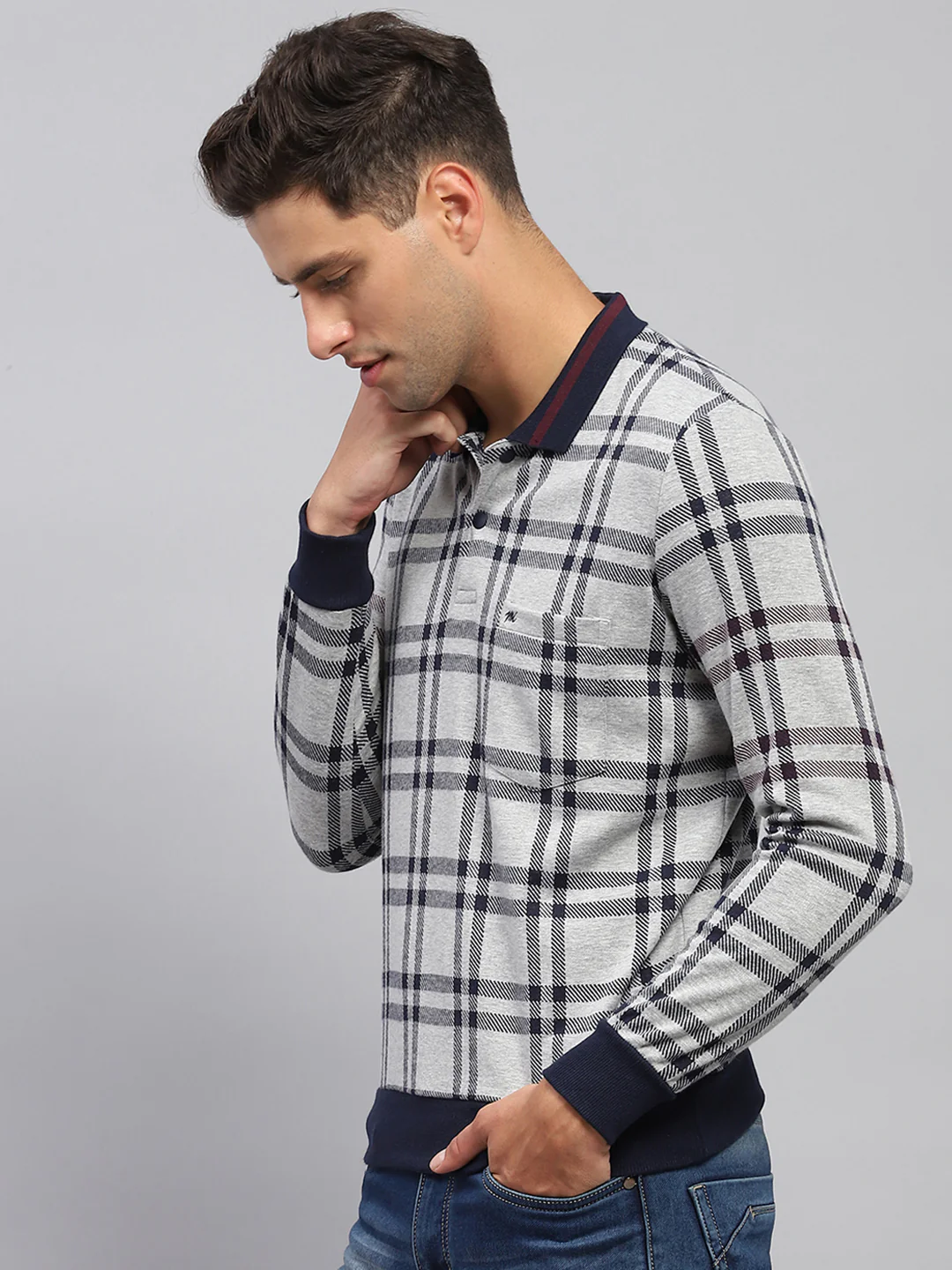 Men Grey Stripe Polo Collar Full Sleeve T-Shirt - Image 3