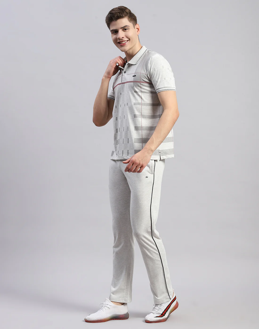 Men Grey Stripe Polo Collar Half Sleeve Lower Set - Image 3
