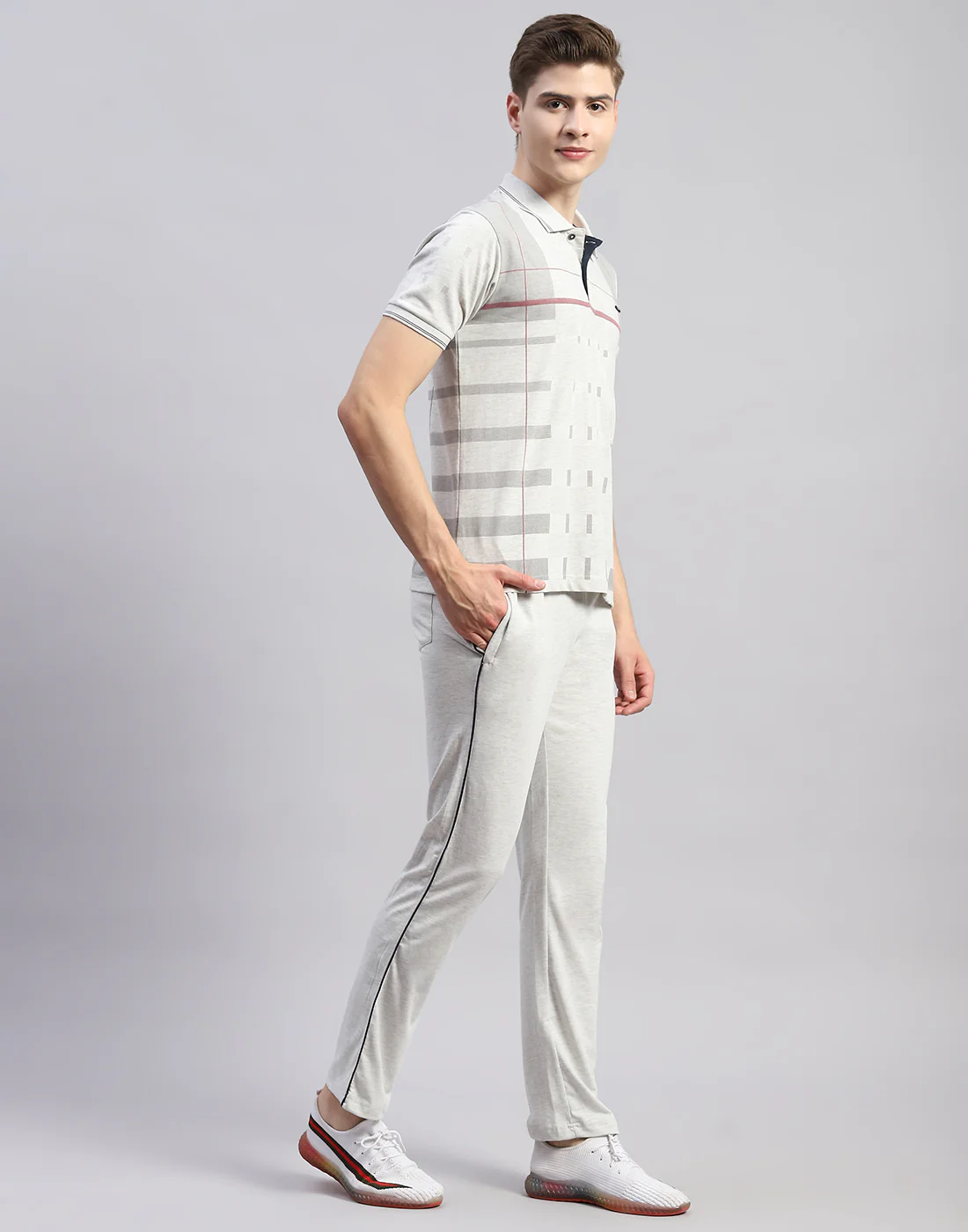 Men Grey Stripe Polo Collar Half Sleeve Lower Set - Image 4