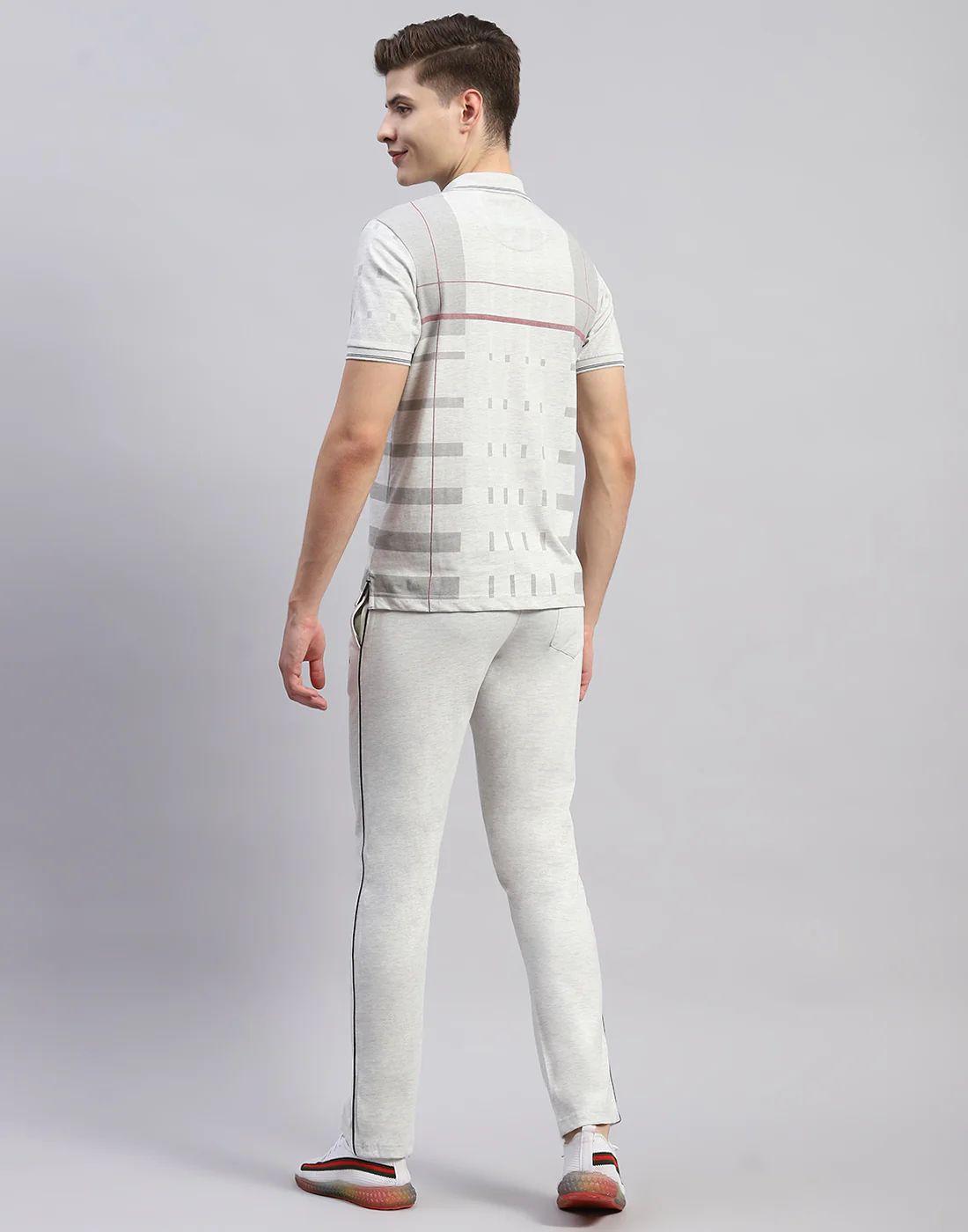Men Grey Stripe Polo Collar Half Sleeve Lower Set - Image 5