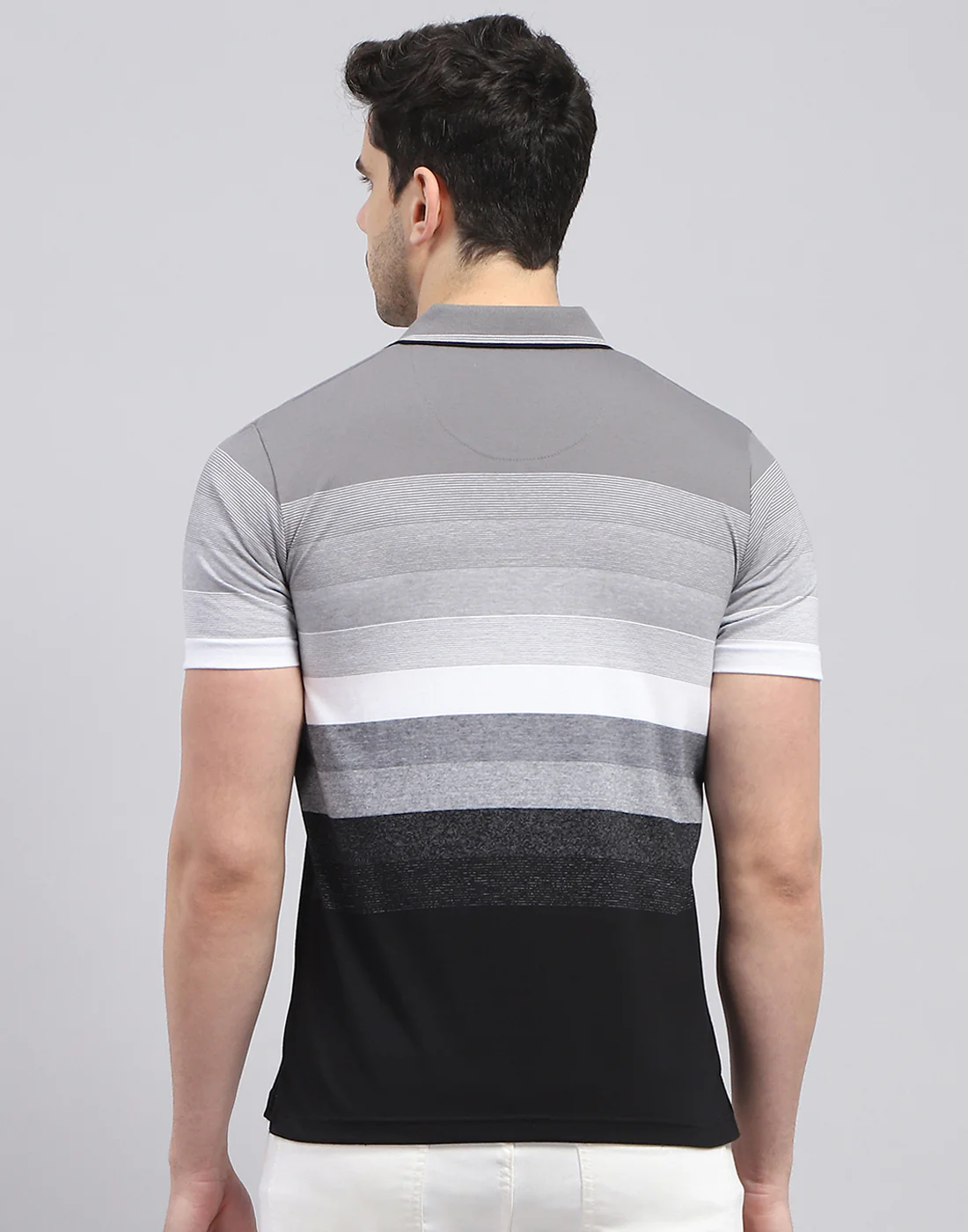 Men Grey Stripe Polo Collar Half Sleeve T-Shirt - Image 5