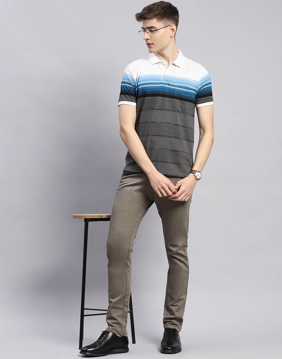 Men Grey Stripe Polo Collar Half Sleeve T-Shirt - Image 2