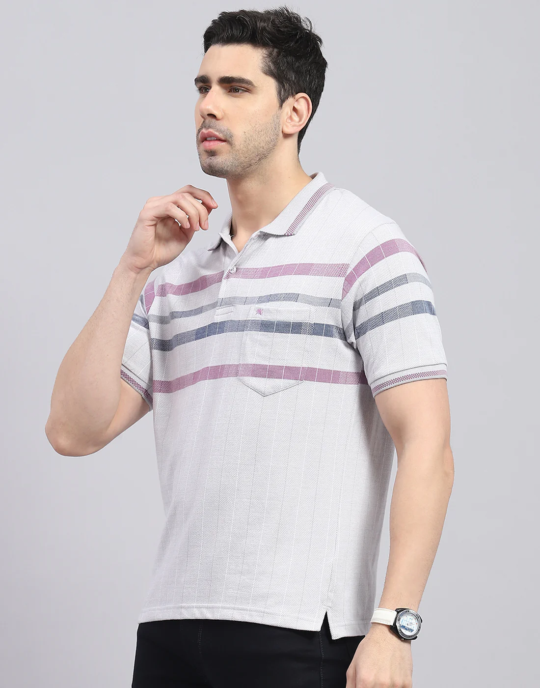 Men Grey Stripe Polo Collar Half Sleeve T-Shirt - Image 3