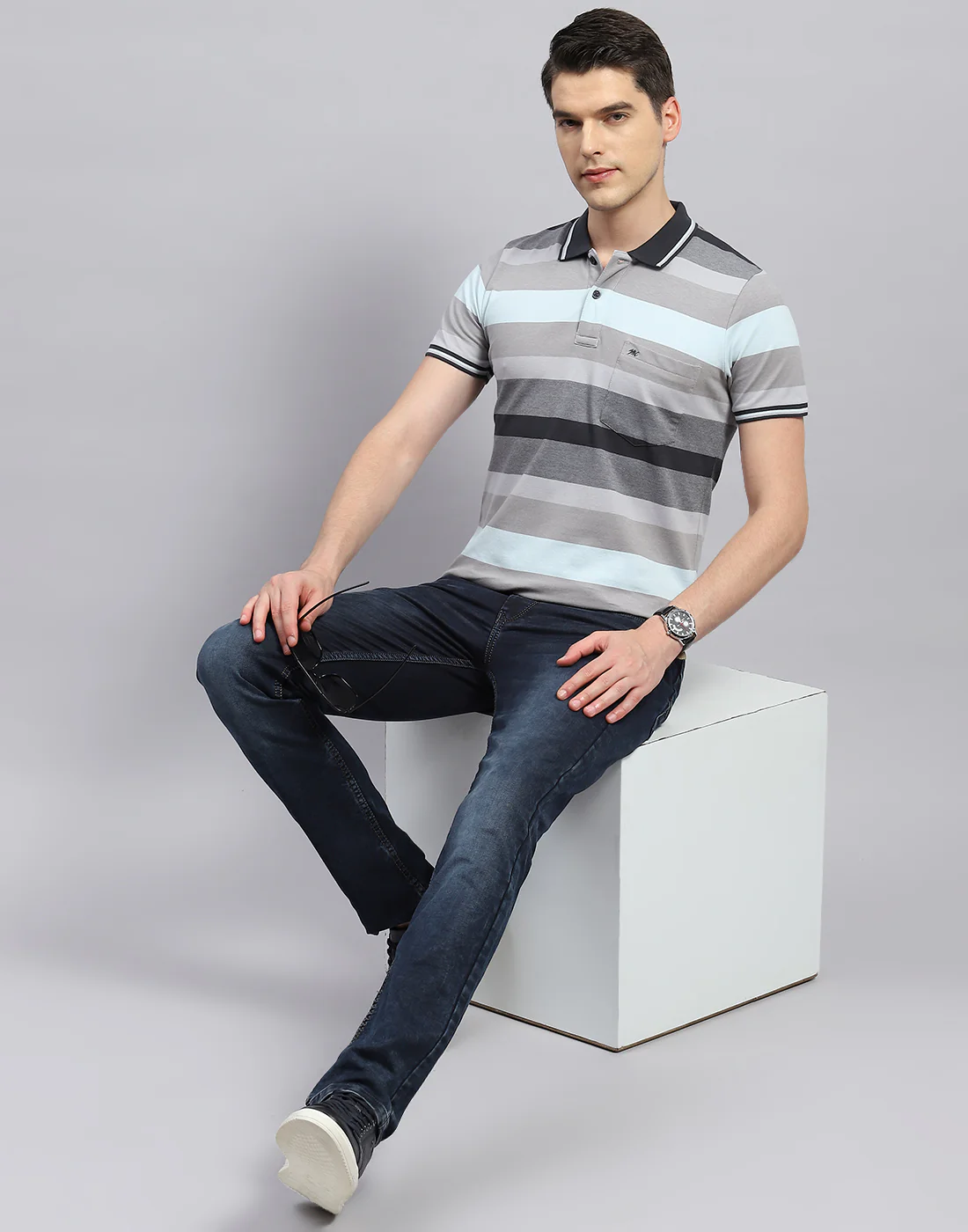 Men Grey Stripe Polo Collar Half Sleeve T-Shirt - Image 2