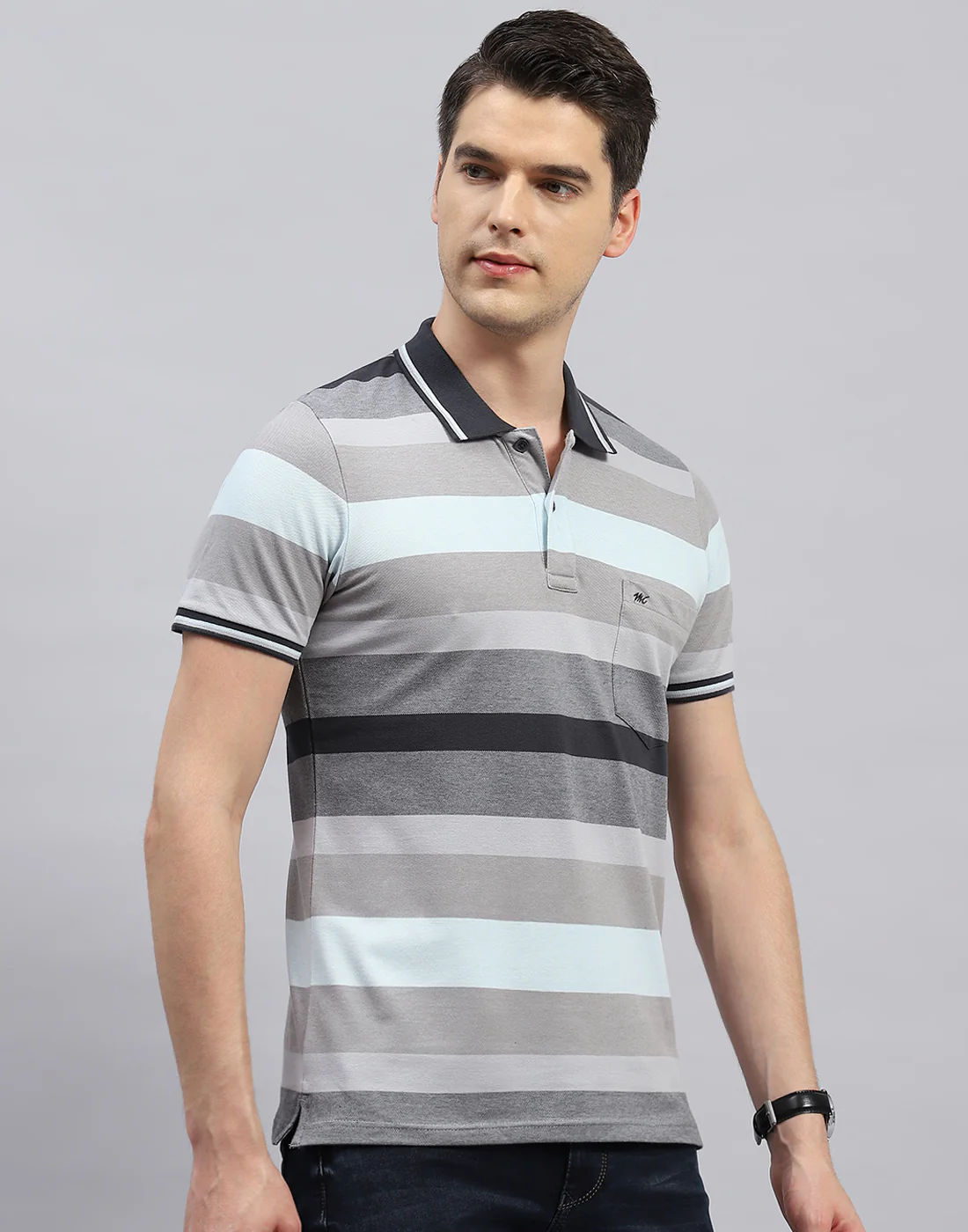 Men Grey Stripe Polo Collar Half Sleeve T-Shirt - Image 4