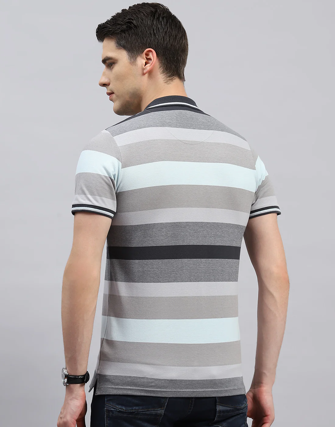 Men Grey Stripe Polo Collar Half Sleeve T-Shirt - Image 5