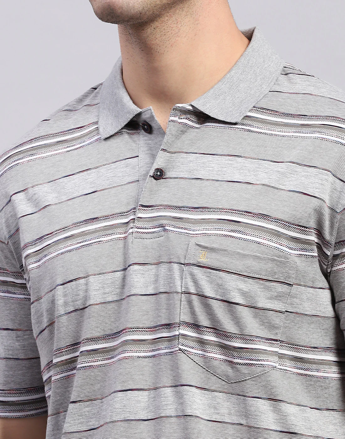 Men Grey Stripe Polo Collar Half Sleeve T-Shirt - Image 7
