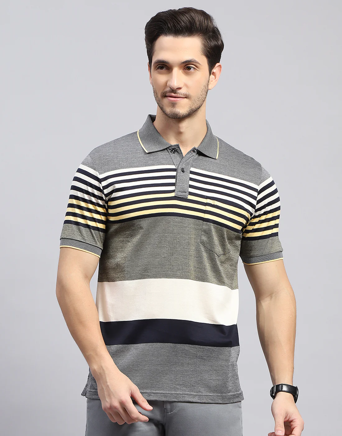 Men Grey Stripe Polo Collar Half Sleeve T-Shirt - Image 2