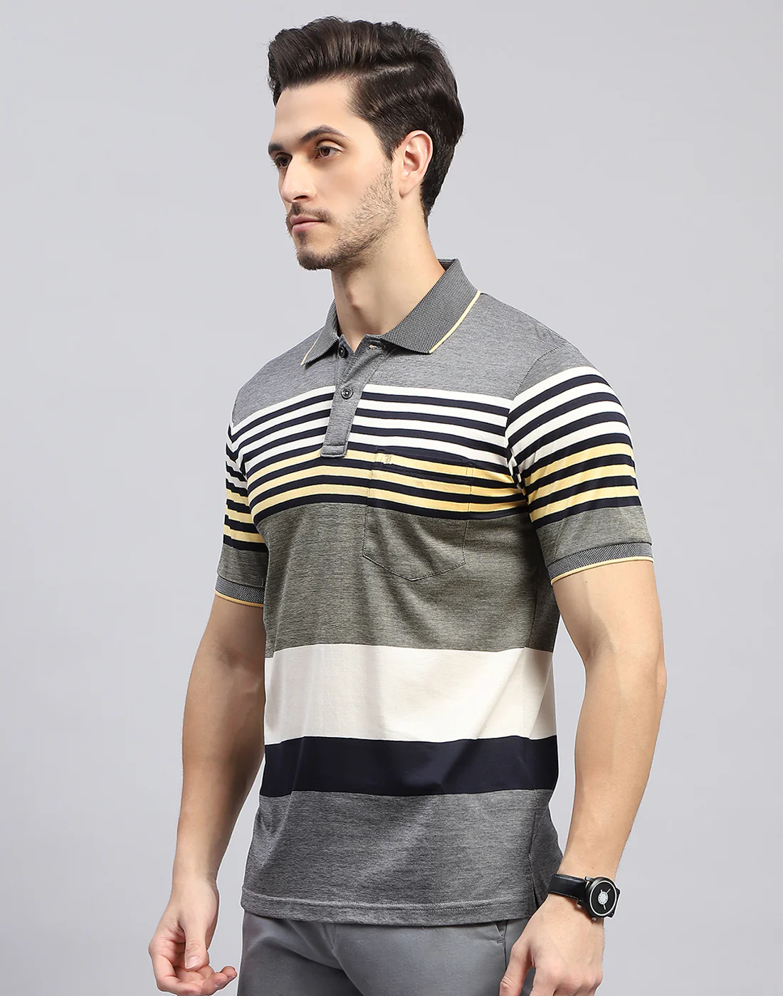 Men Grey Stripe Polo Collar Half Sleeve T-Shirt - Image 3