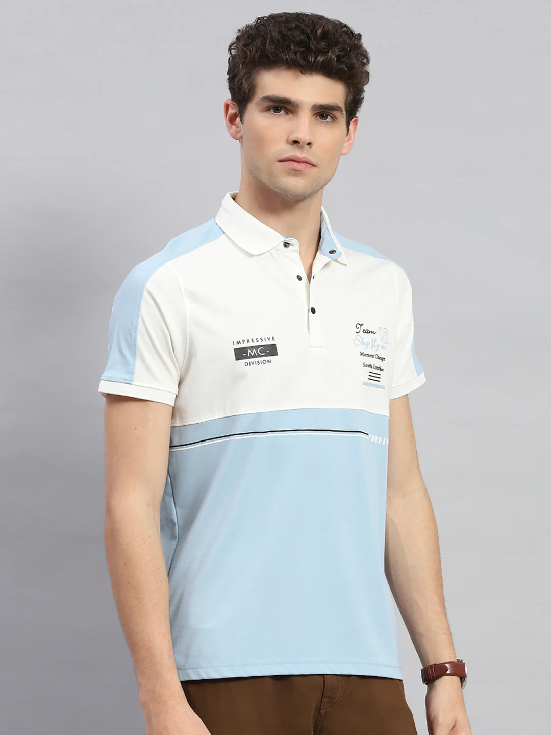 Men Blue Stripe Polo Collar Half Sleeve T-Shirt - Image 4