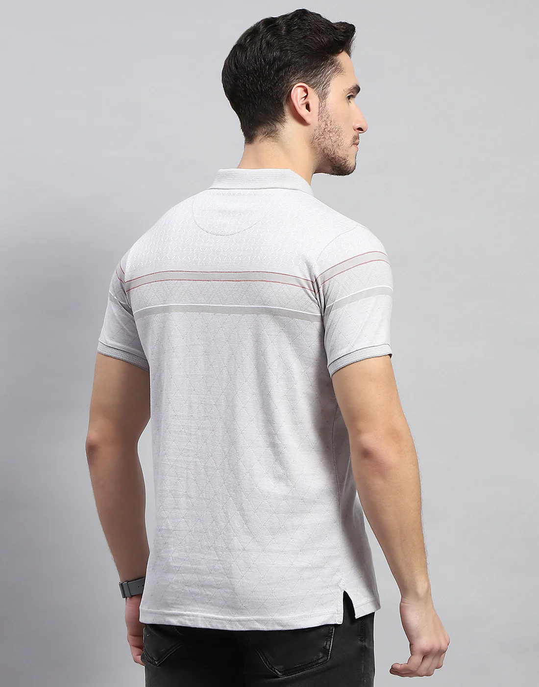 Men Grey Stripe Polo Collar Half Sleeve T-Shirt - Image 5