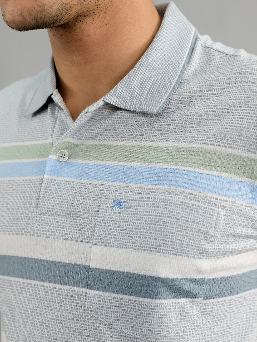 Men Grey Stripe Polo Collar Half Sleeve T-Shirt - Image 5