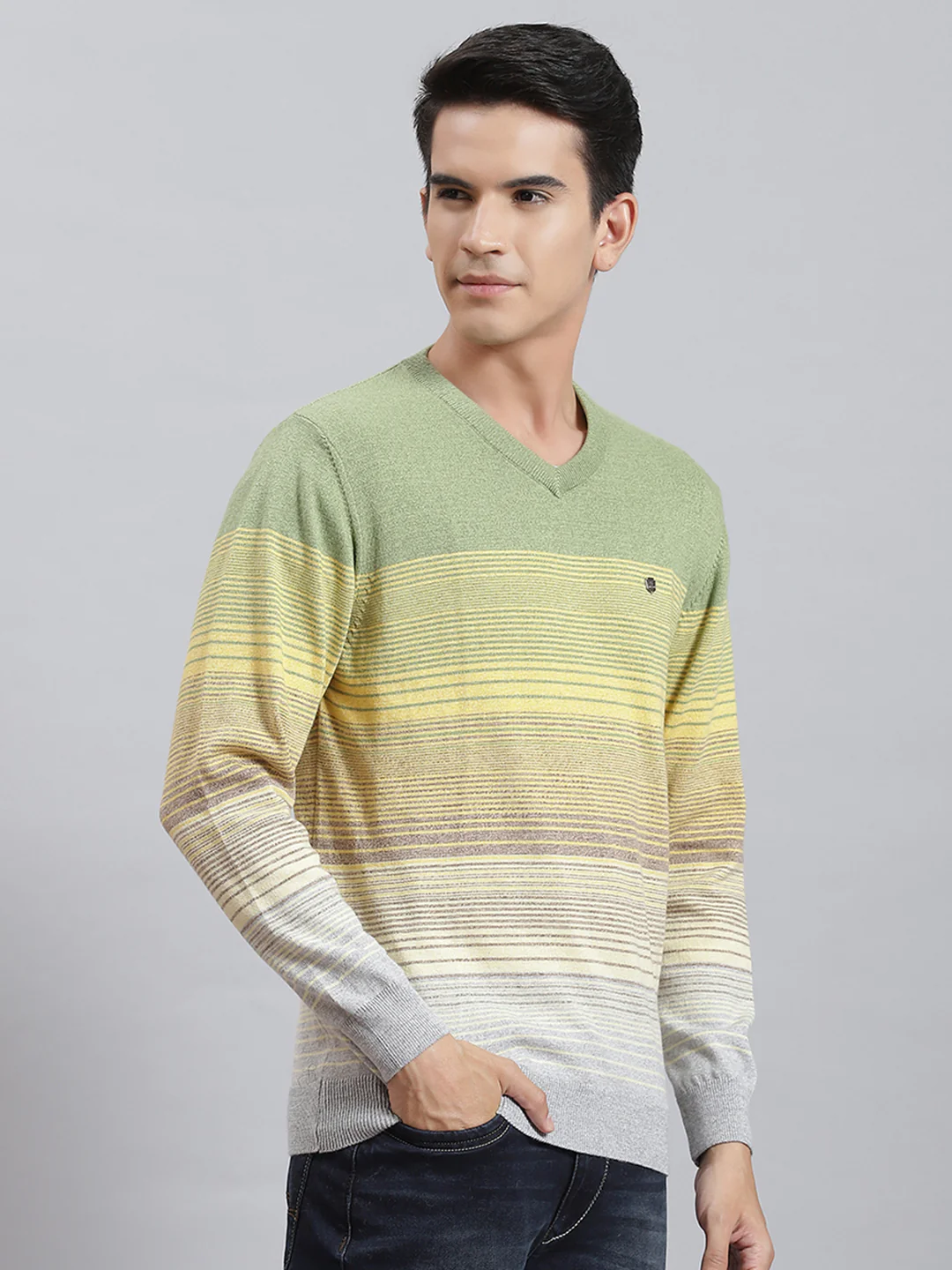 Men Grey Stripe V Neck Full Sleeve Sweaters/Pullovers - Image 4