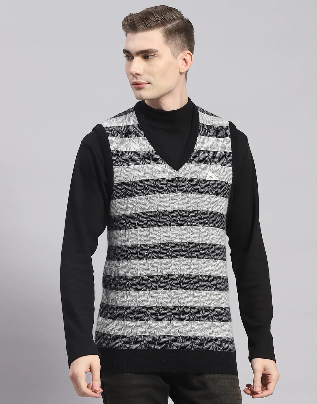 Men Grey Stripe V Neck Sleeveless Sweater - Image 2