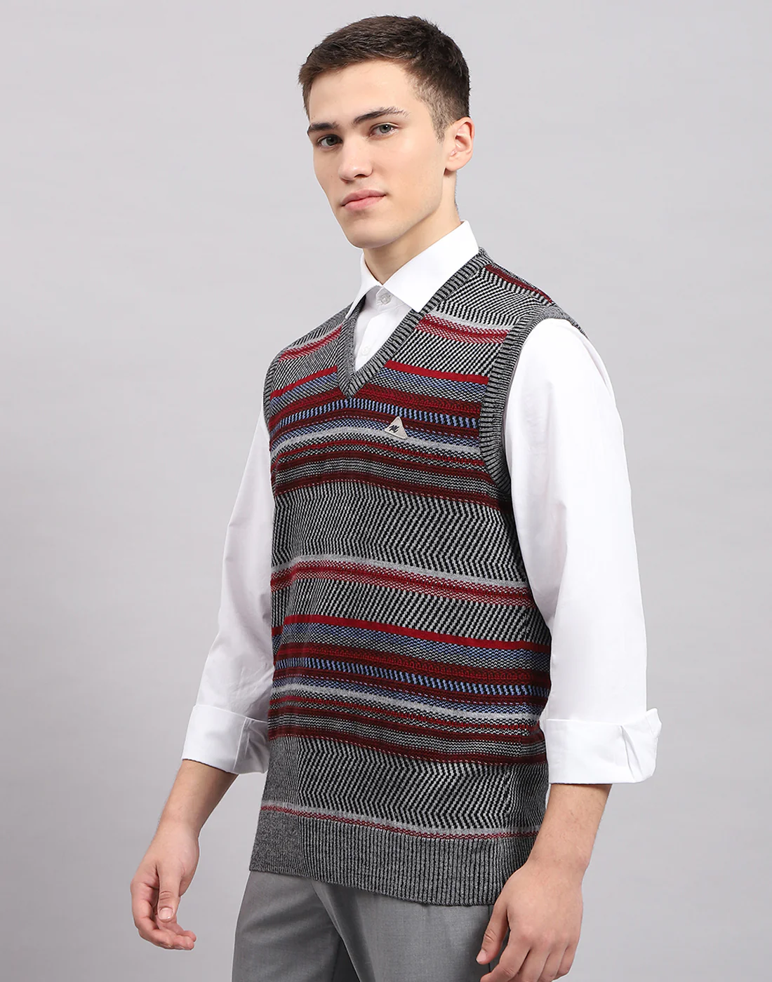 Men Grey Stripe V Neck Sleeveless Sweater - Image 3