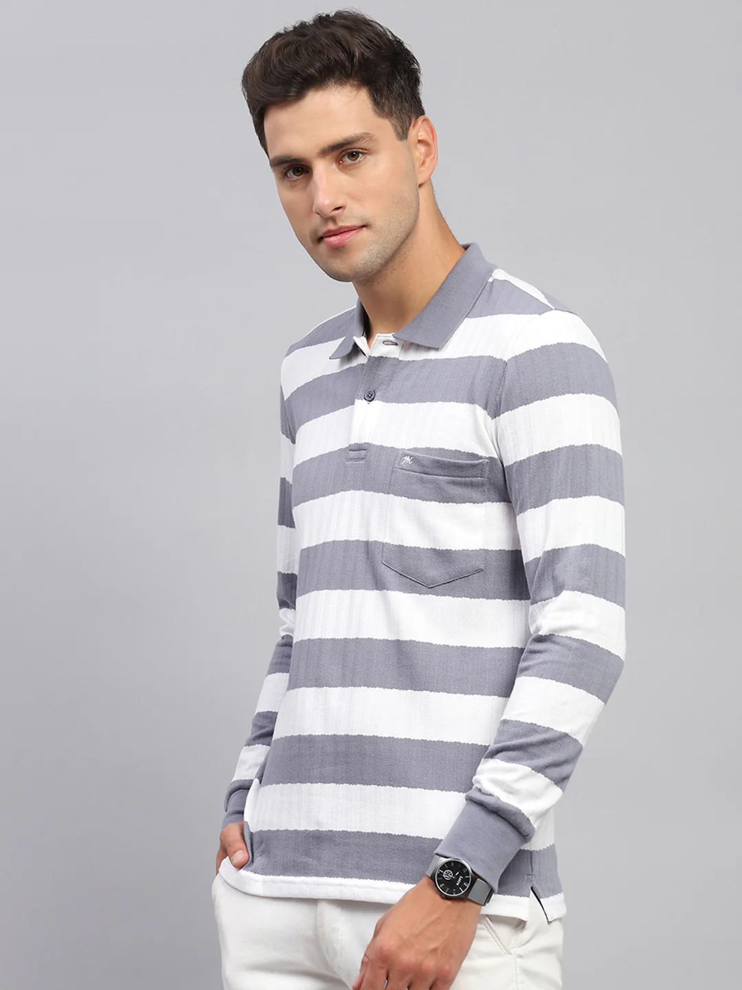 Men Grey & White Stripe Polo Collar Full Sleeve T-Shirt - Image 3