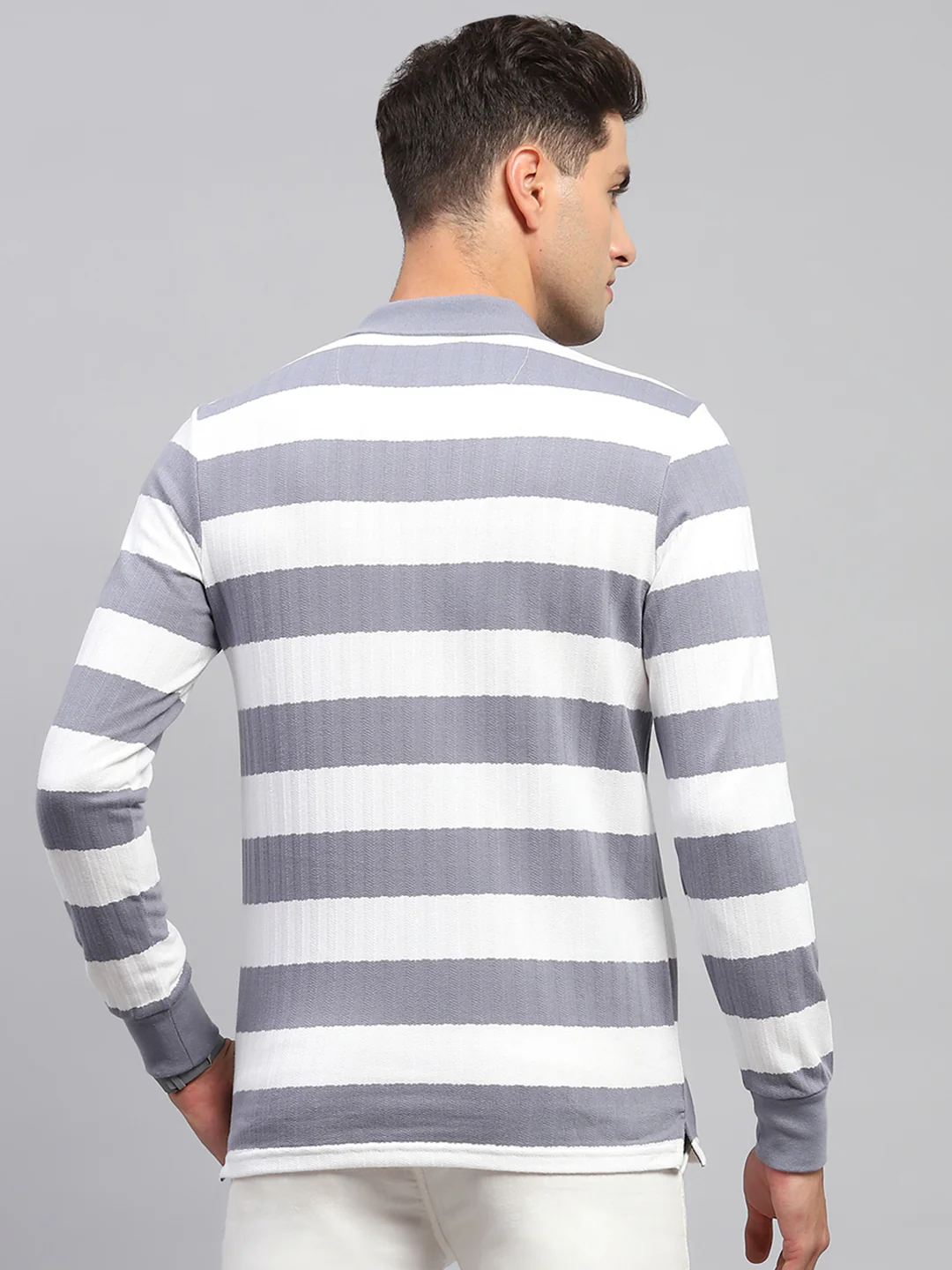 Men Grey & White Stripe Polo Collar Full Sleeve T-Shirt - Image 5