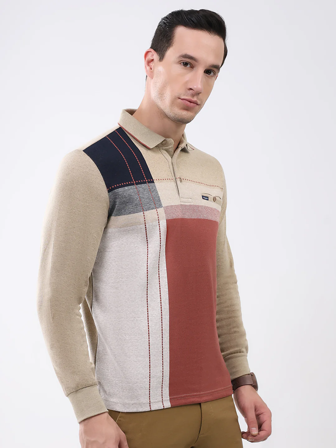 Men Khaki Abstract Collar Full Sleeve Winter T-Shirt - Image 4