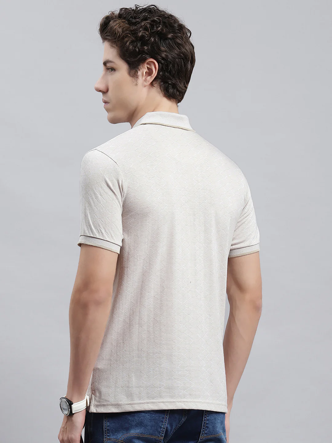 Men Khaki Jaquard T-Shirt - Image 5