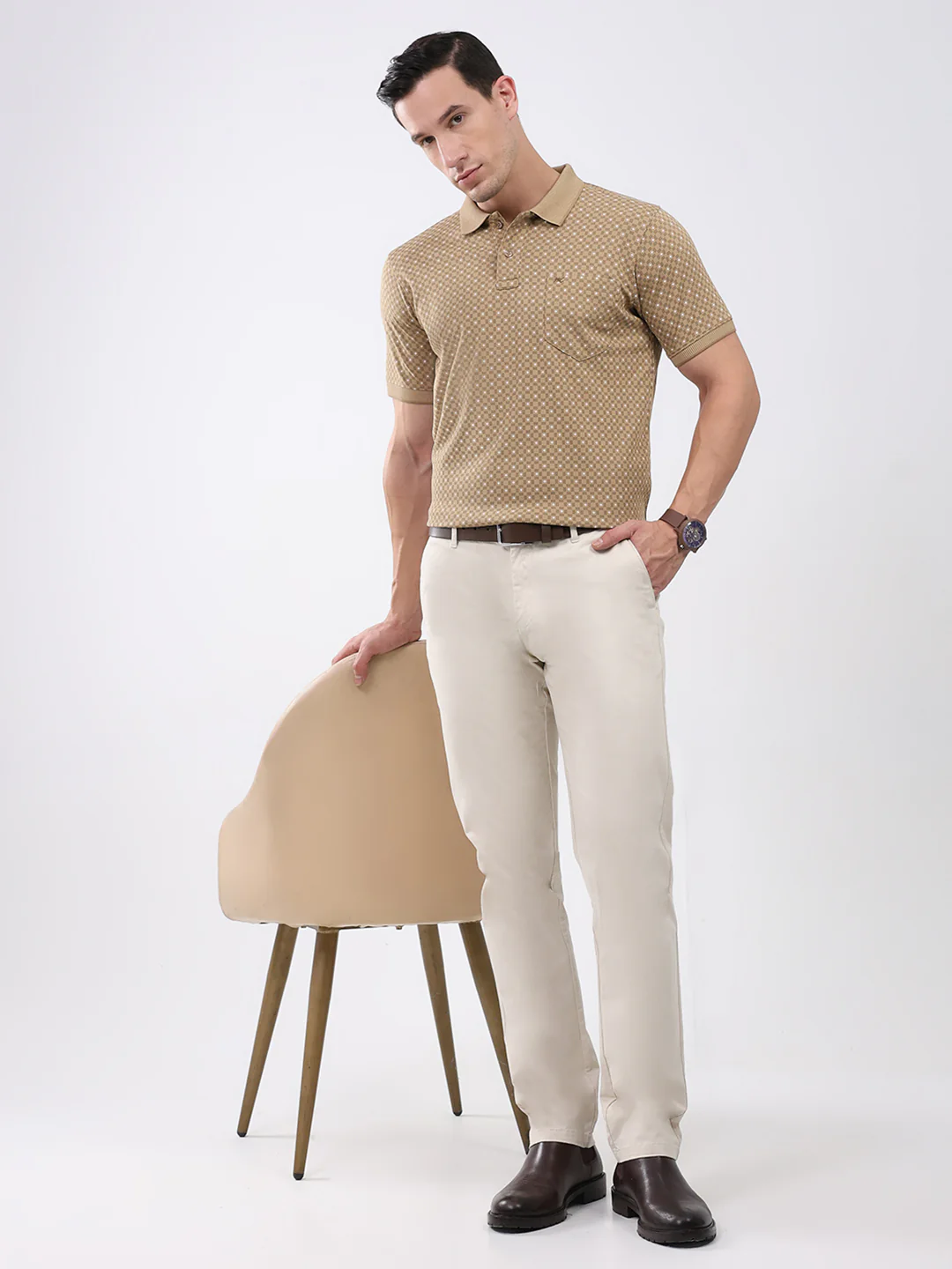 Men Khaki Printed Collar Half Sleeve T-Shirt - Image 2