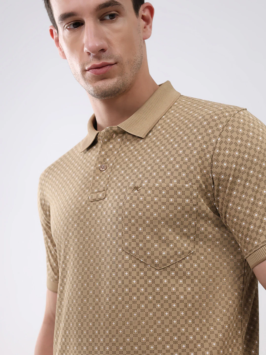 Men Khaki Printed Collar Half Sleeve T-Shirt - Image 6