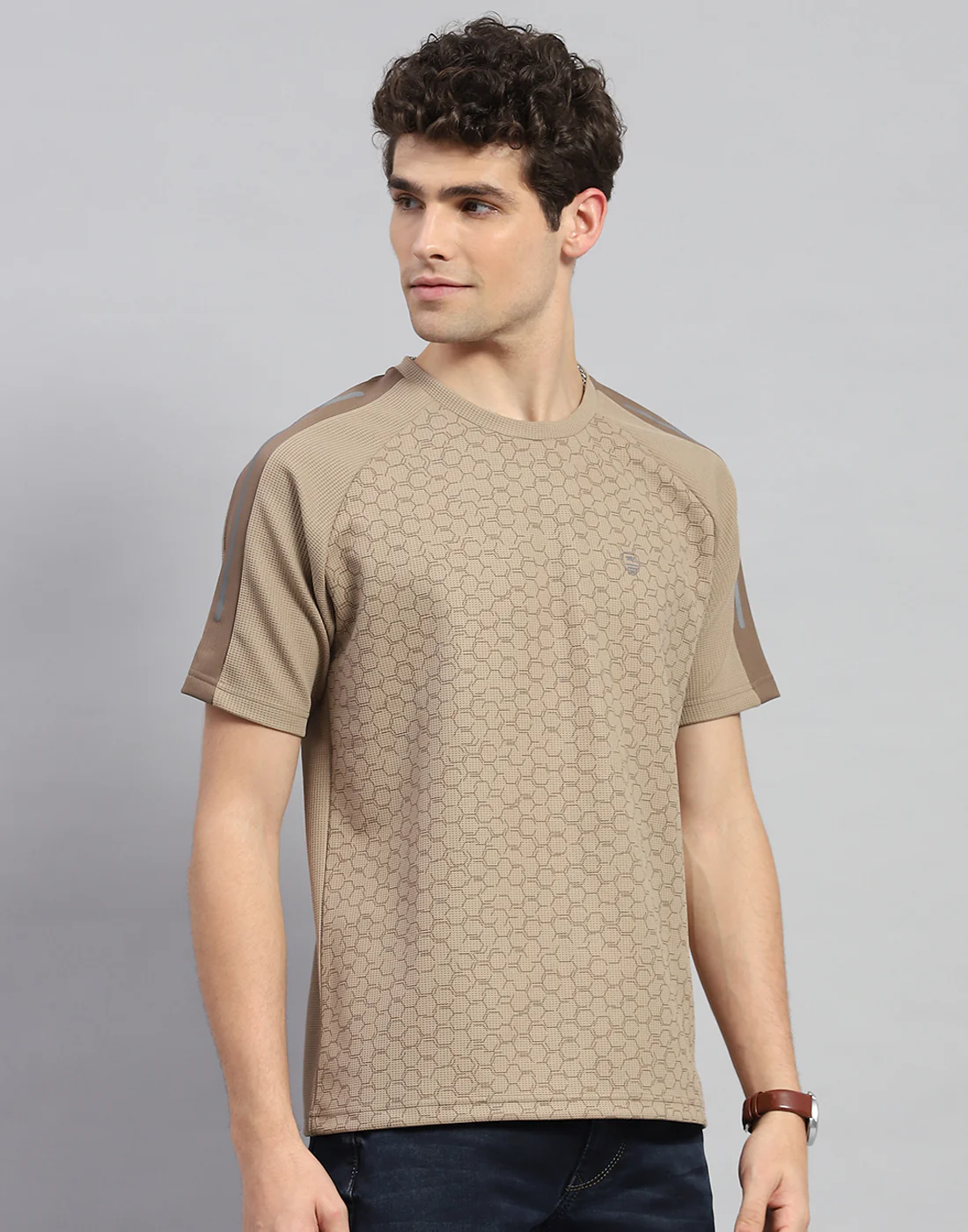 Men Khaki Printed Round Neck Half Sleeve T-Shirt - Image 4