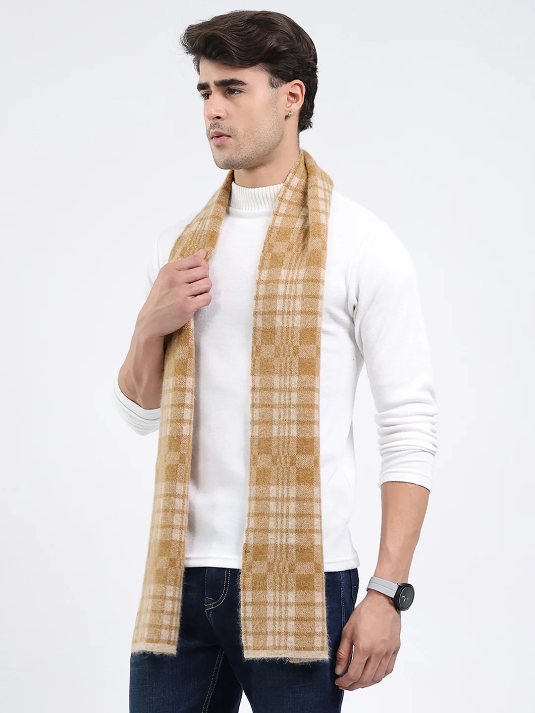 Men Khaki Self Design Angoora Muffler - Image 3