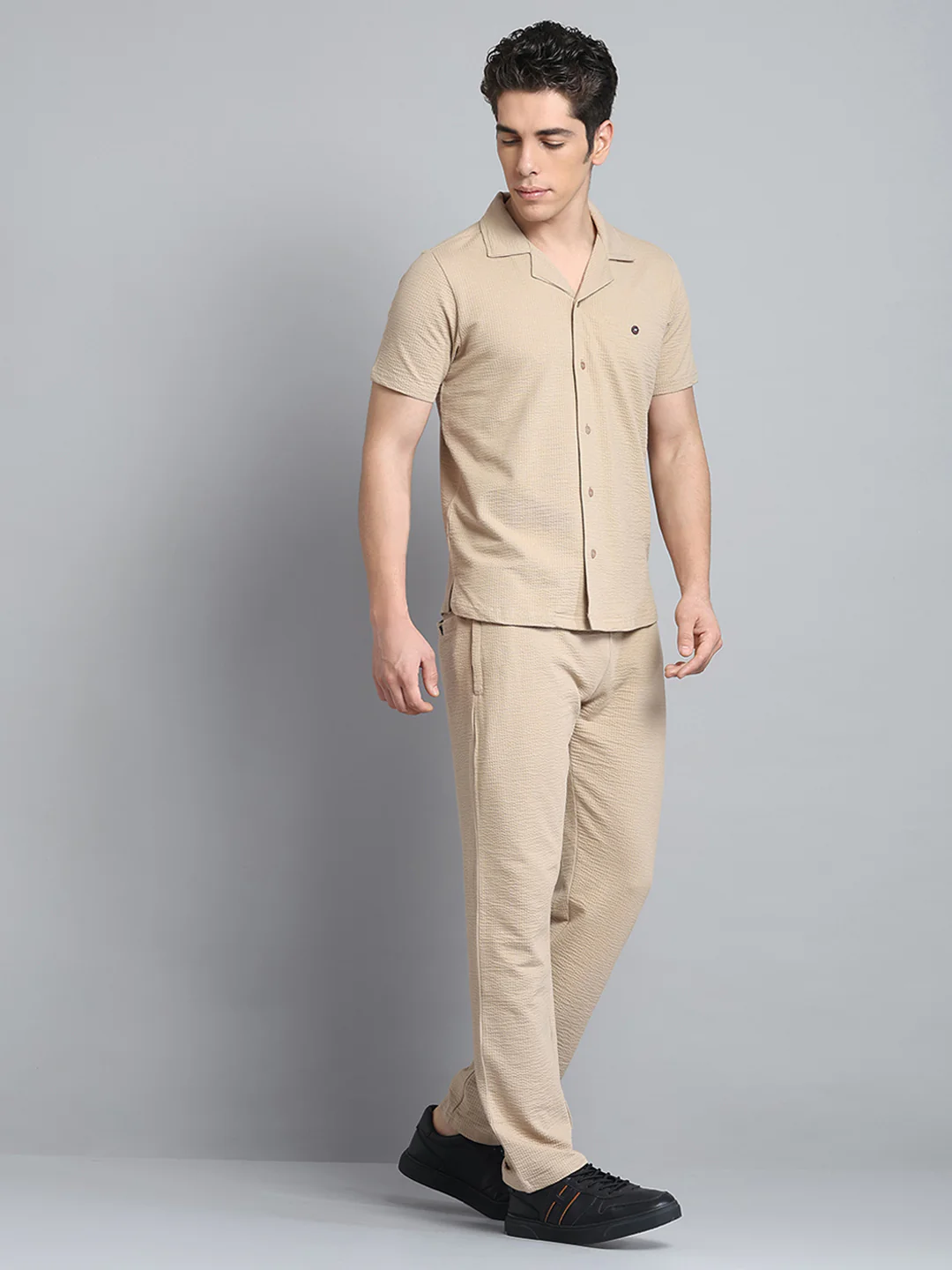 Men Khaki Self Design Collar Half Sleeve Lower Set - Image 4