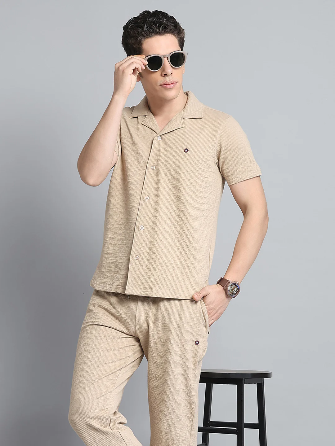 Men Khaki Self Design Collar Half Sleeve Lower Set - Image 6