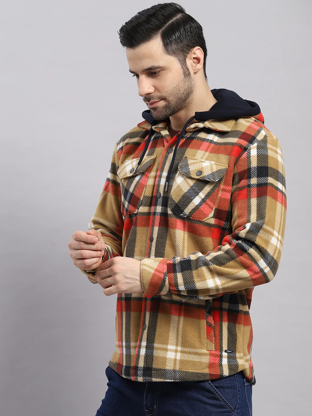 Men Khaki Self Design Hooded Extra-Warm Full Sleeve Shacket - Image 3