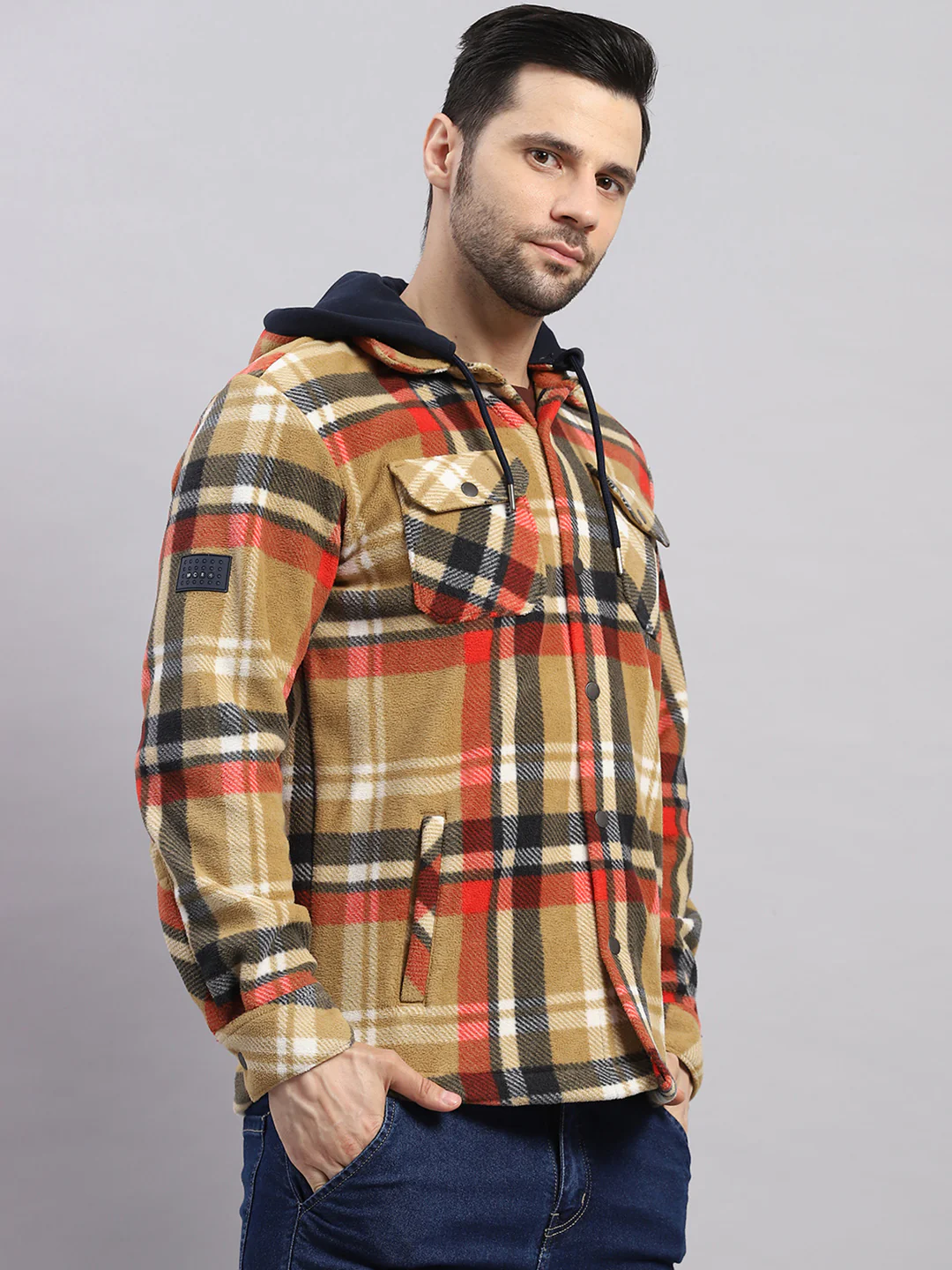 Men Khaki Self Design Hooded Extra-Warm Full Sleeve Shacket - Image 4