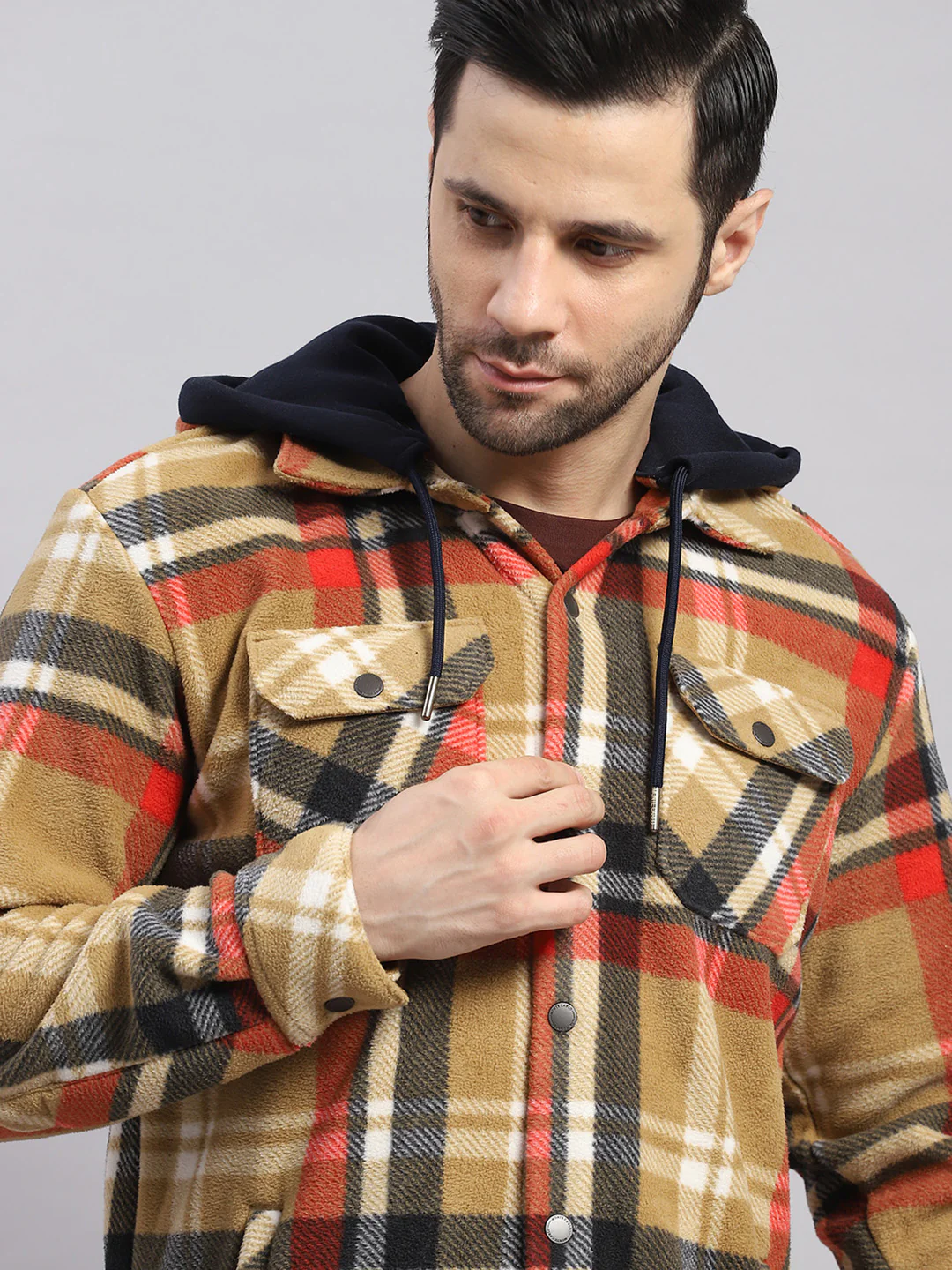 Men Khaki Self Design Hooded Extra-Warm Full Sleeve Shacket - Image 8