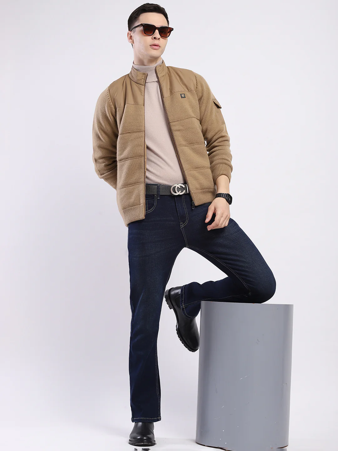 Men Khaki Self Design Mock Neck Full Sleeve Jacket - Image 2
