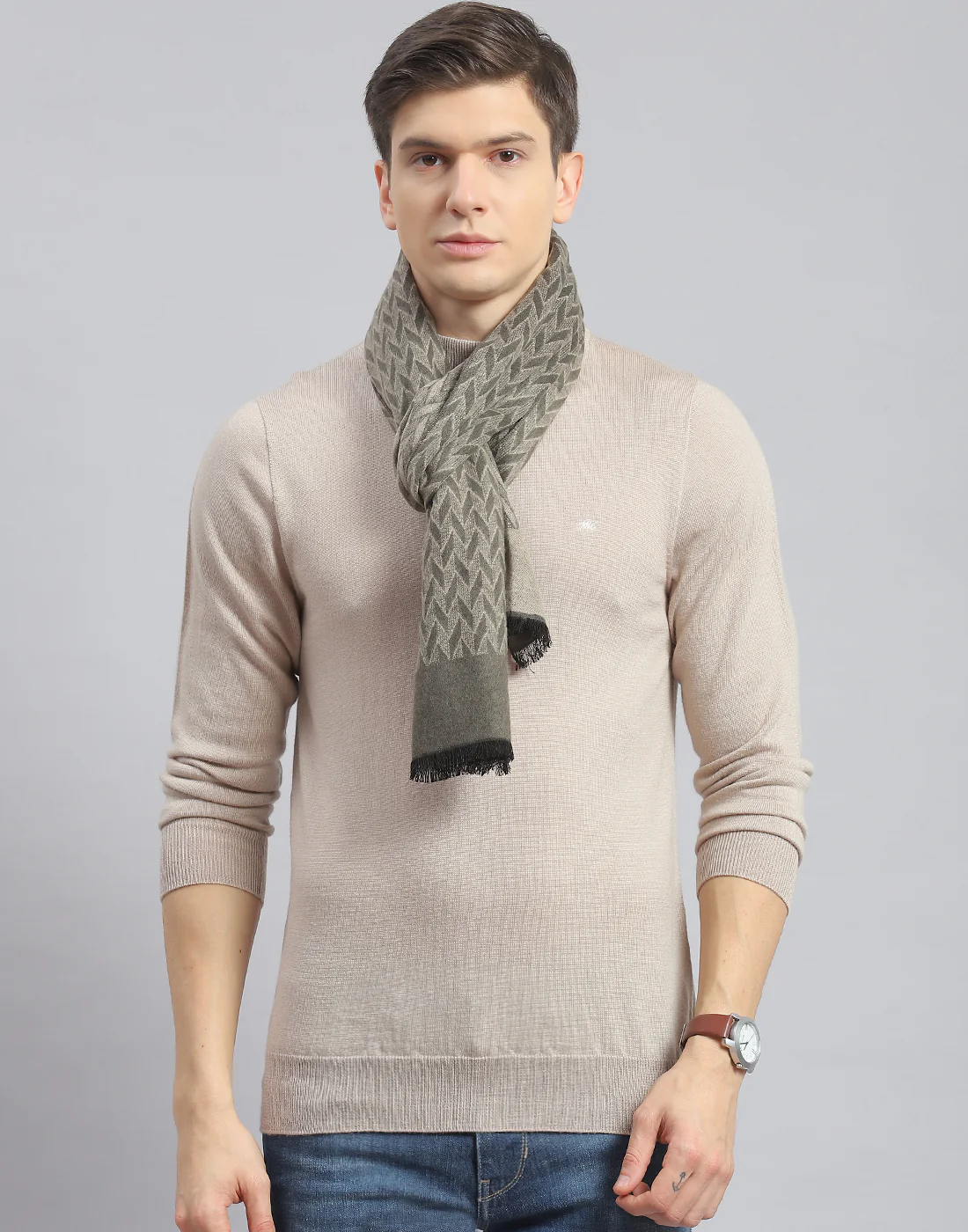 Men Khaki Self Design Muffler - Image 2