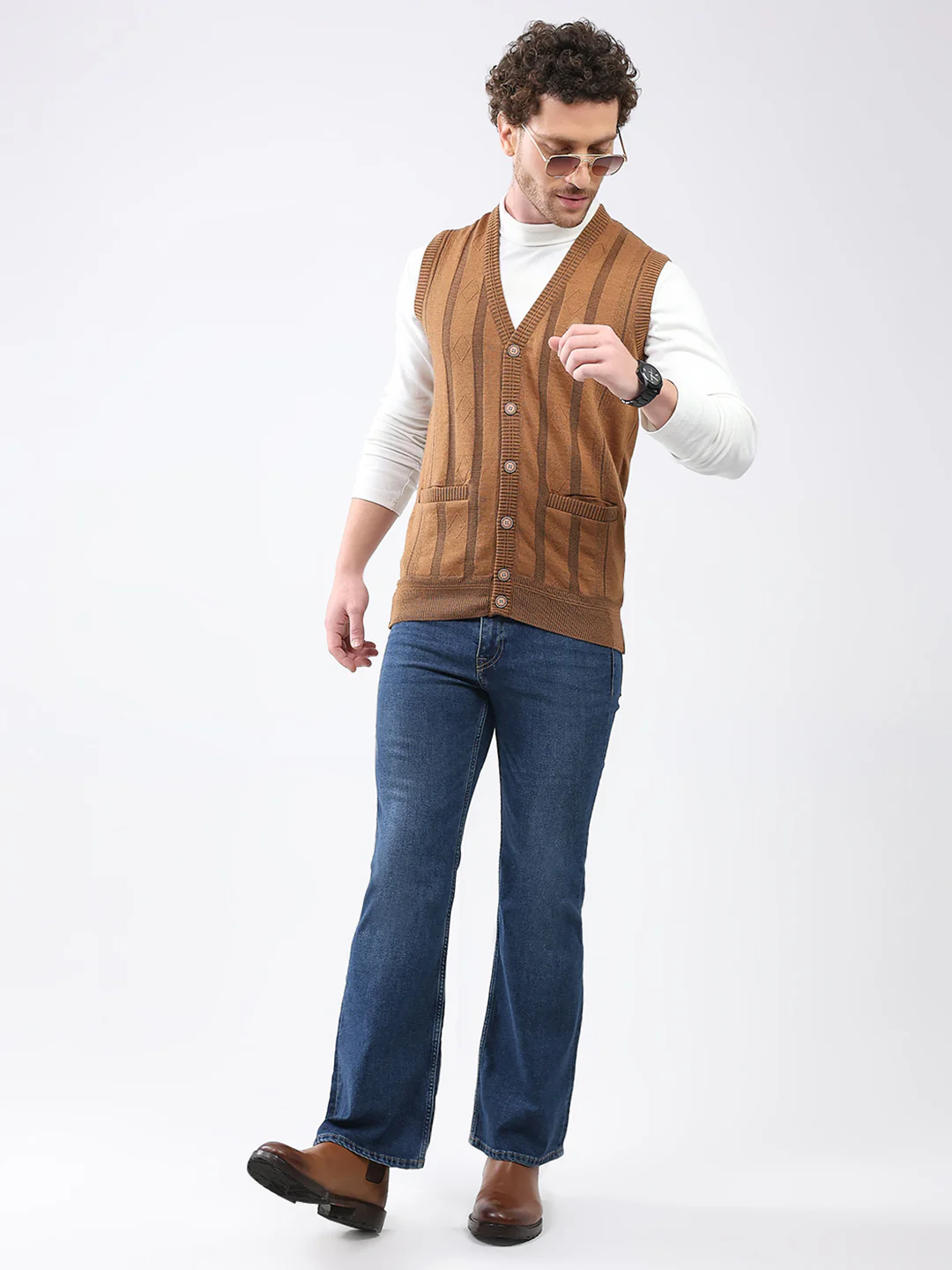 Men Khaki Self Design V Neck Sleeveless Cardigan - Image 2