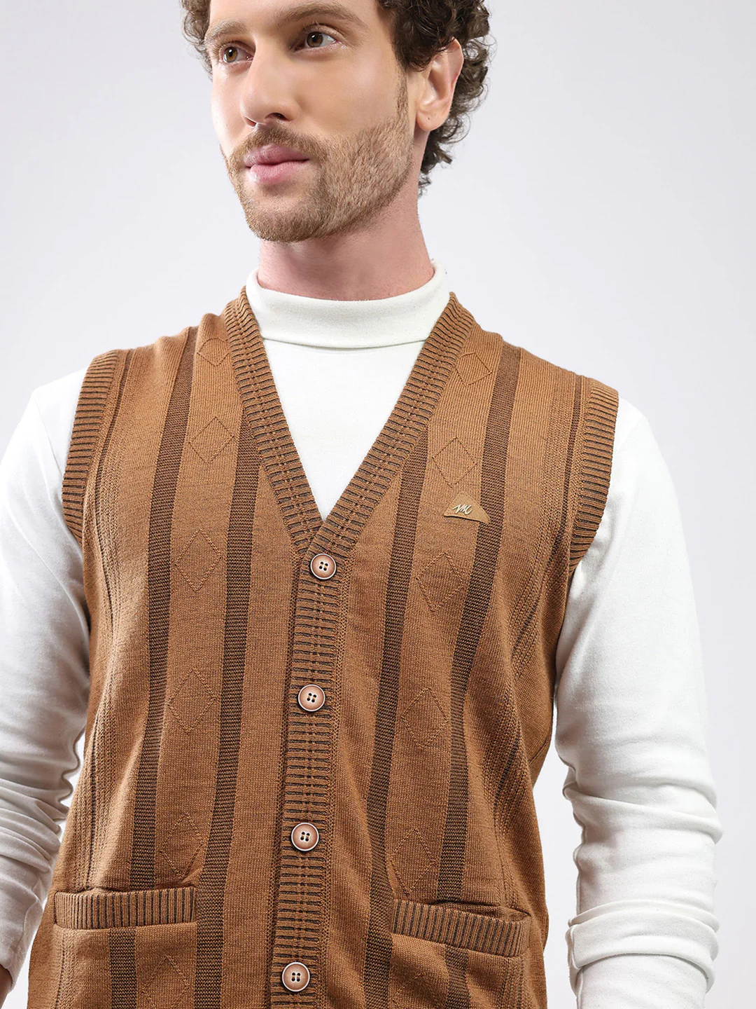 Men Khaki Self Design V Neck Sleeveless Cardigan - Image 7
