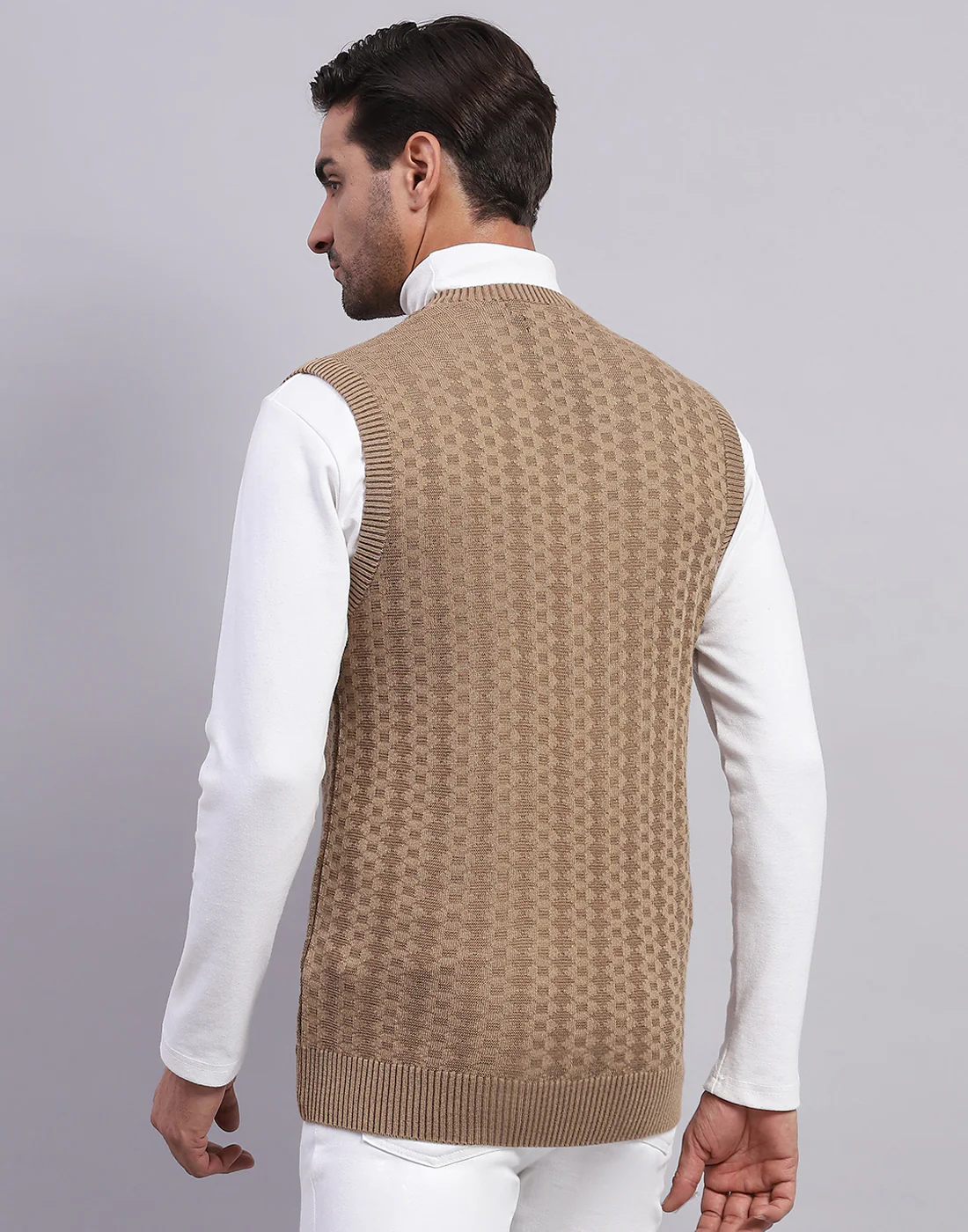 Men Khaki Self Design V Neck Sleeveless Sweater - Image 5