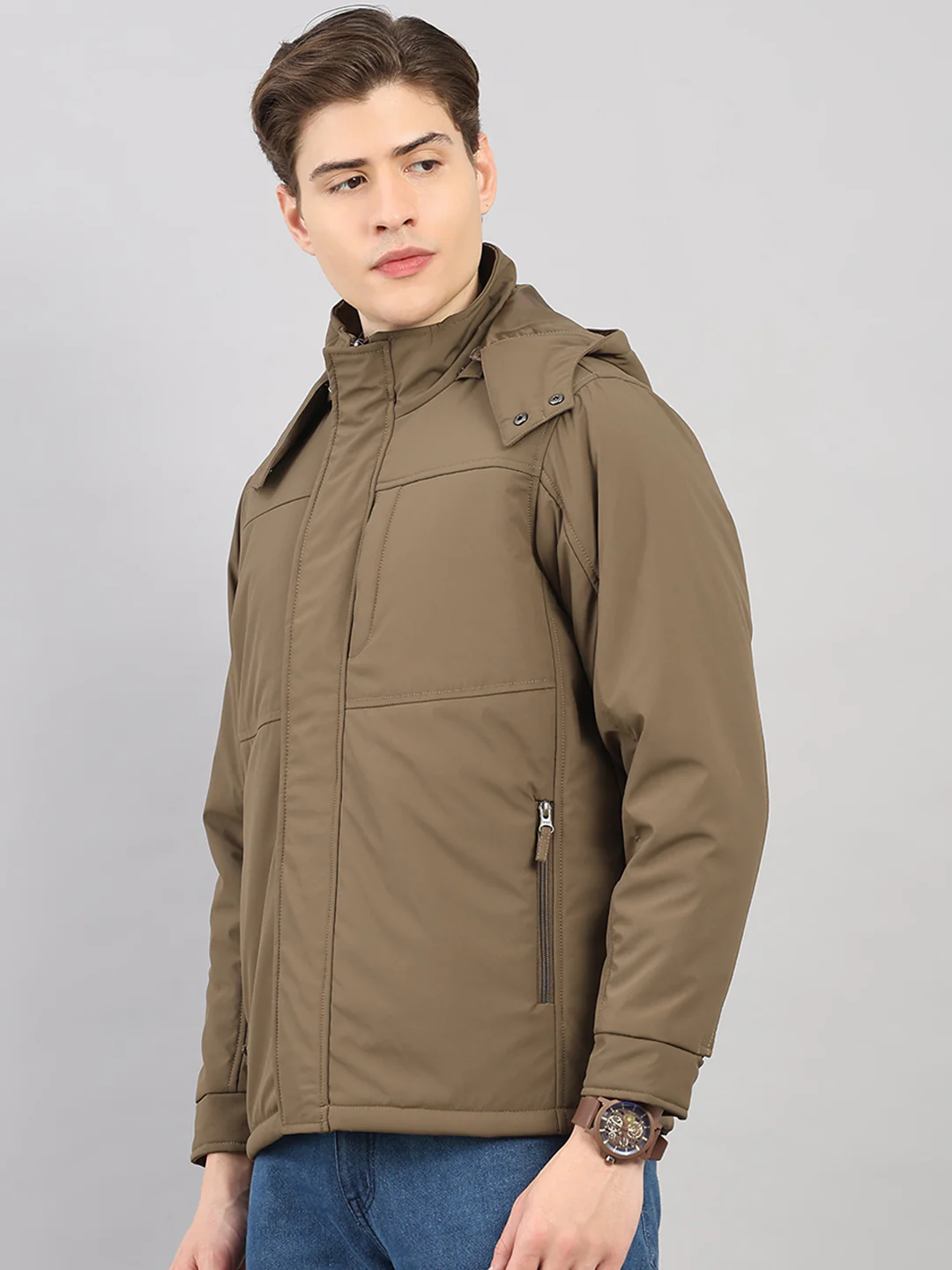 Men Khaki Solid 4 in 1 Convertible Hooded Jacket Wear It 4 Ways - Image 3