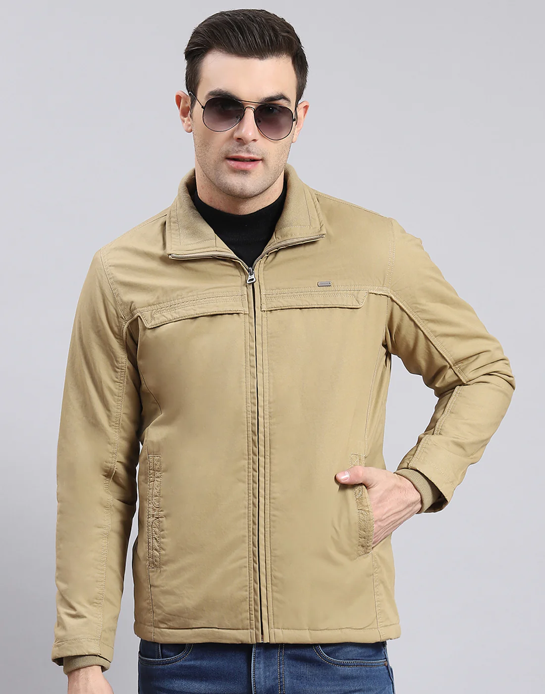 Men Khaki Solid Collar Full Sleeve Jacket - Image 2