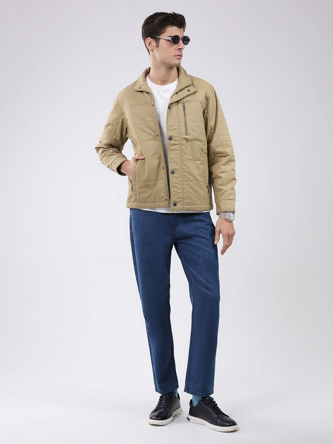 Men Khaki Solid Collar Full Sleeve Jacket - Image 2
