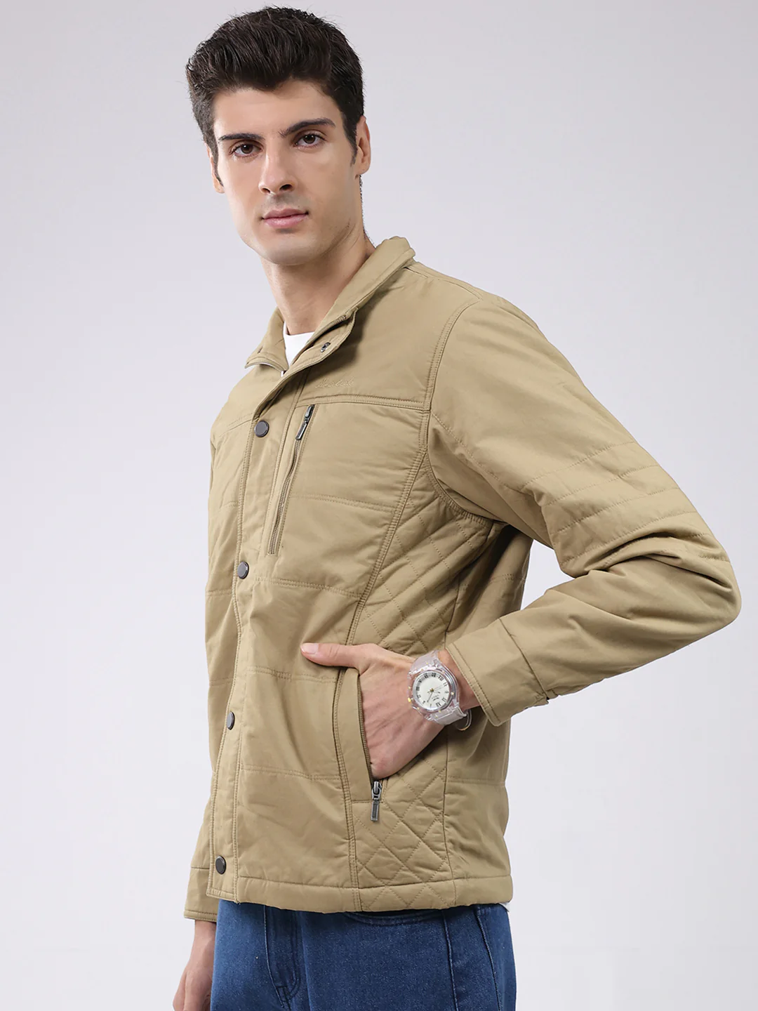 Men Khaki Solid Collar Full Sleeve Jacket - Image 3