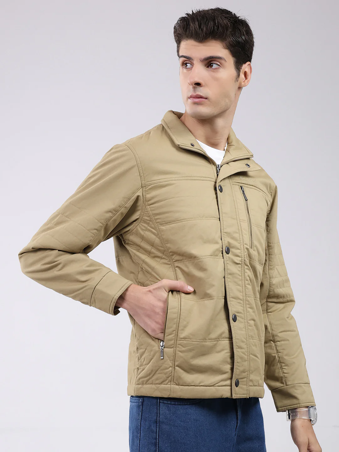 Men Khaki Solid Collar Full Sleeve Jacket - Image 4