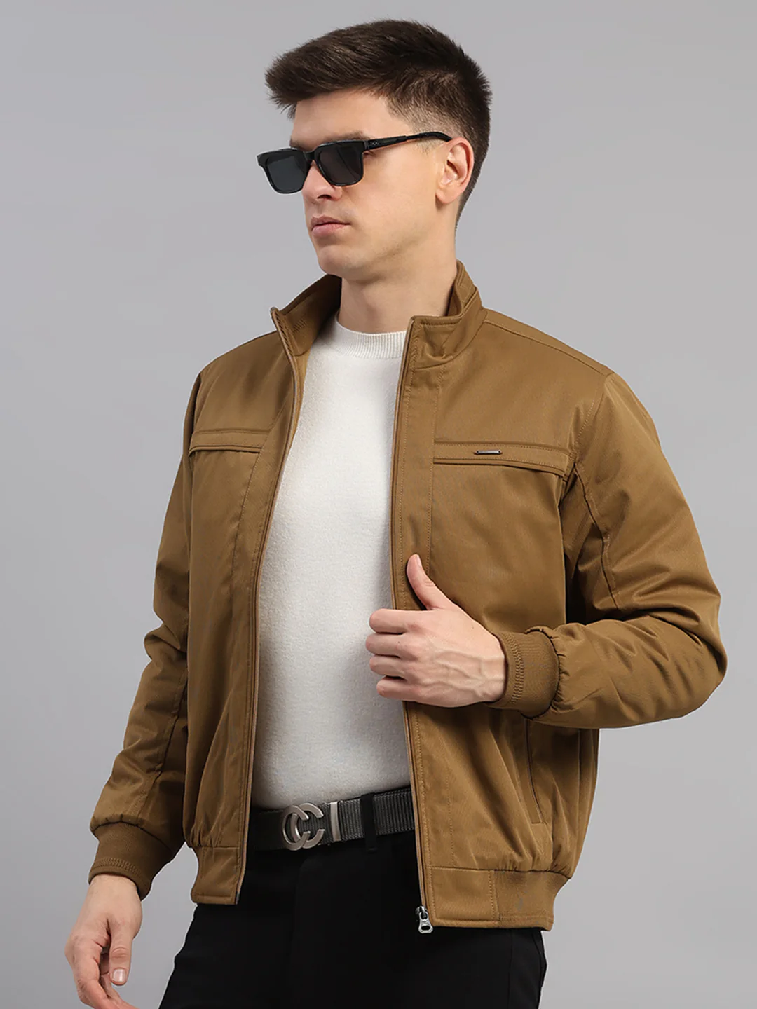 Men Khaki Solid Mandarin Neck Full Sleeve Jacket - Image 6
