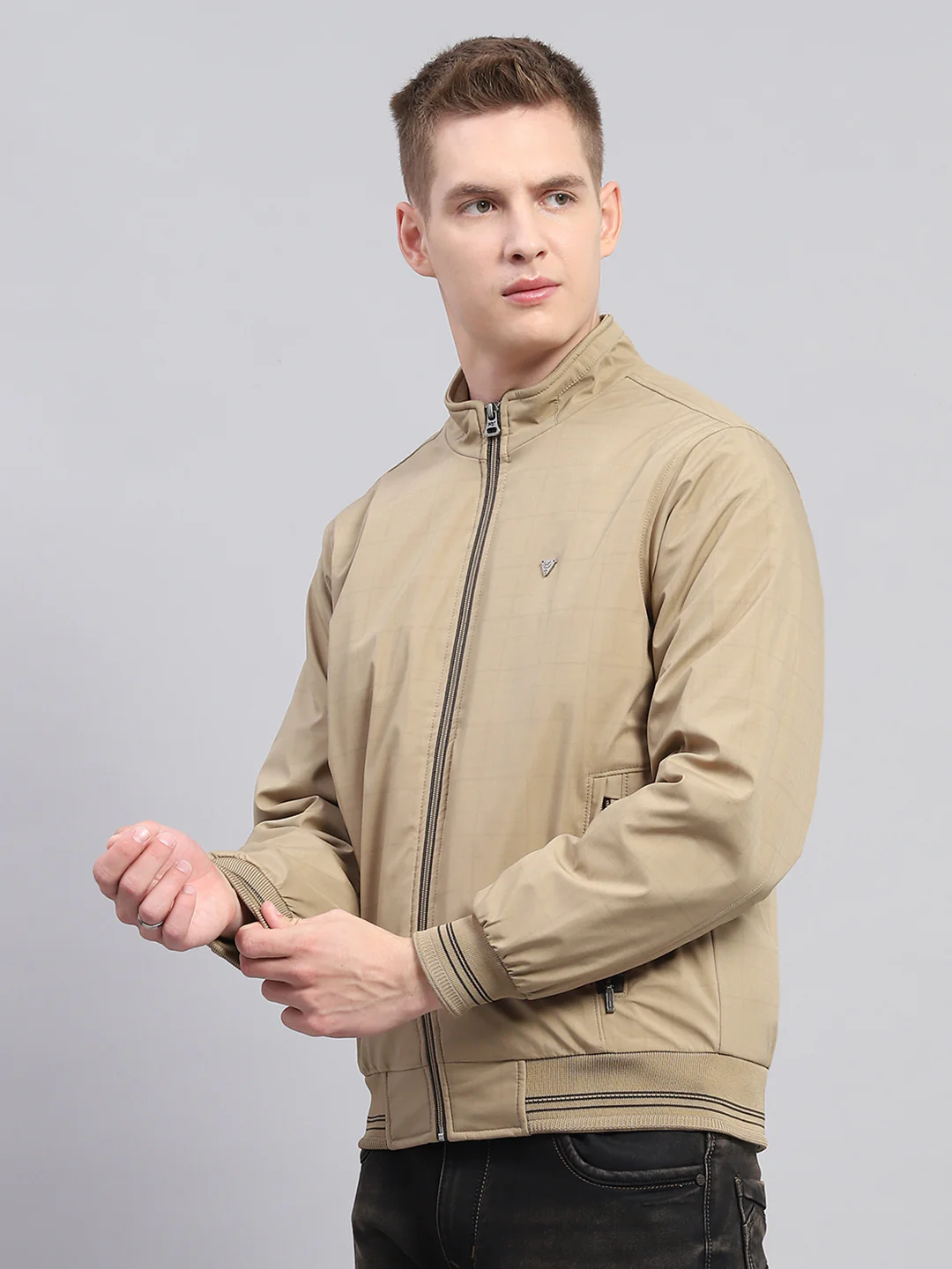 Men Khaki Solid Mock Neck Full Sleeve Jacket - Image 3