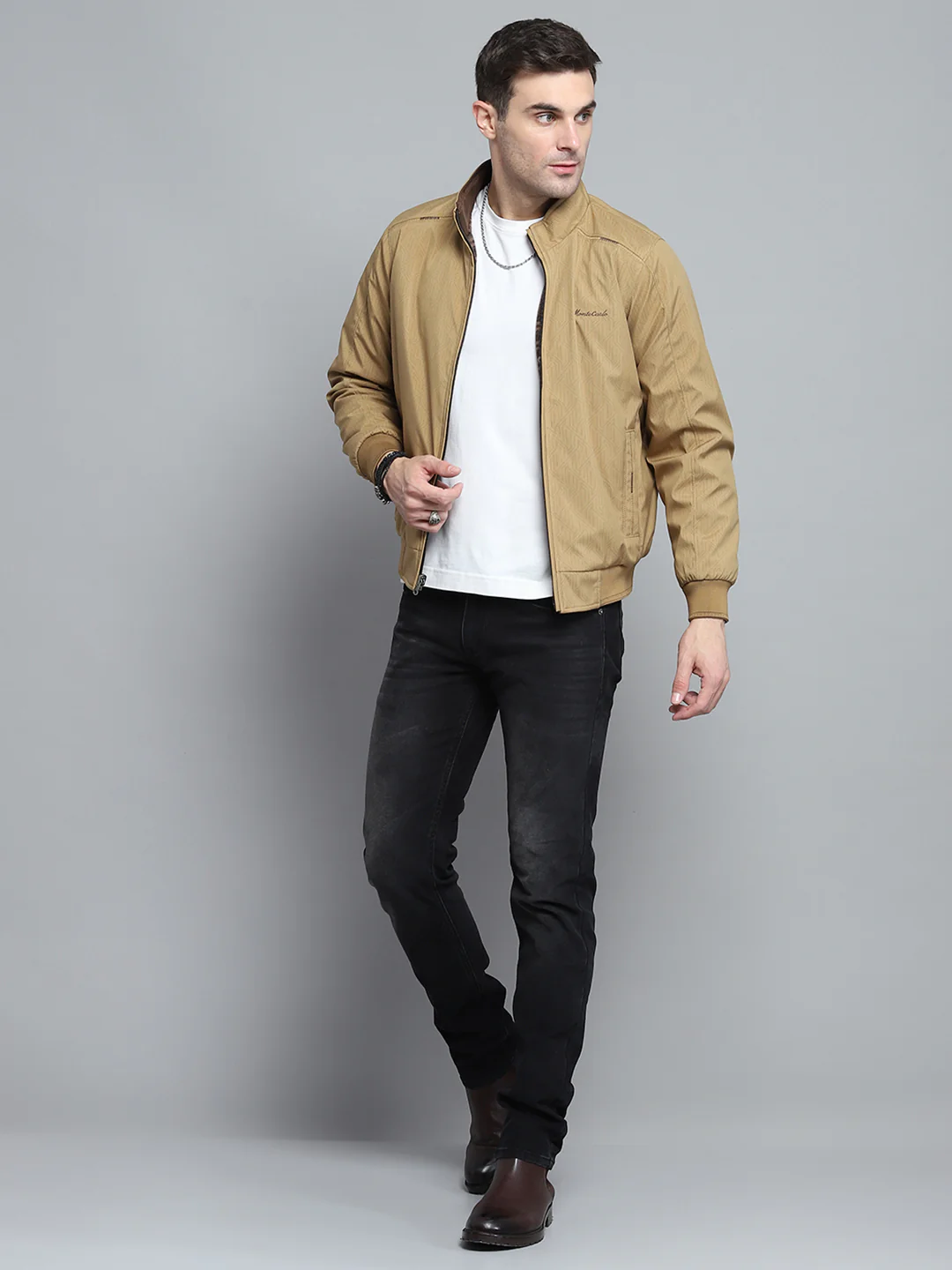 Men Khaki Solid Mock Neck Full Sleeve Jacket - Image 5