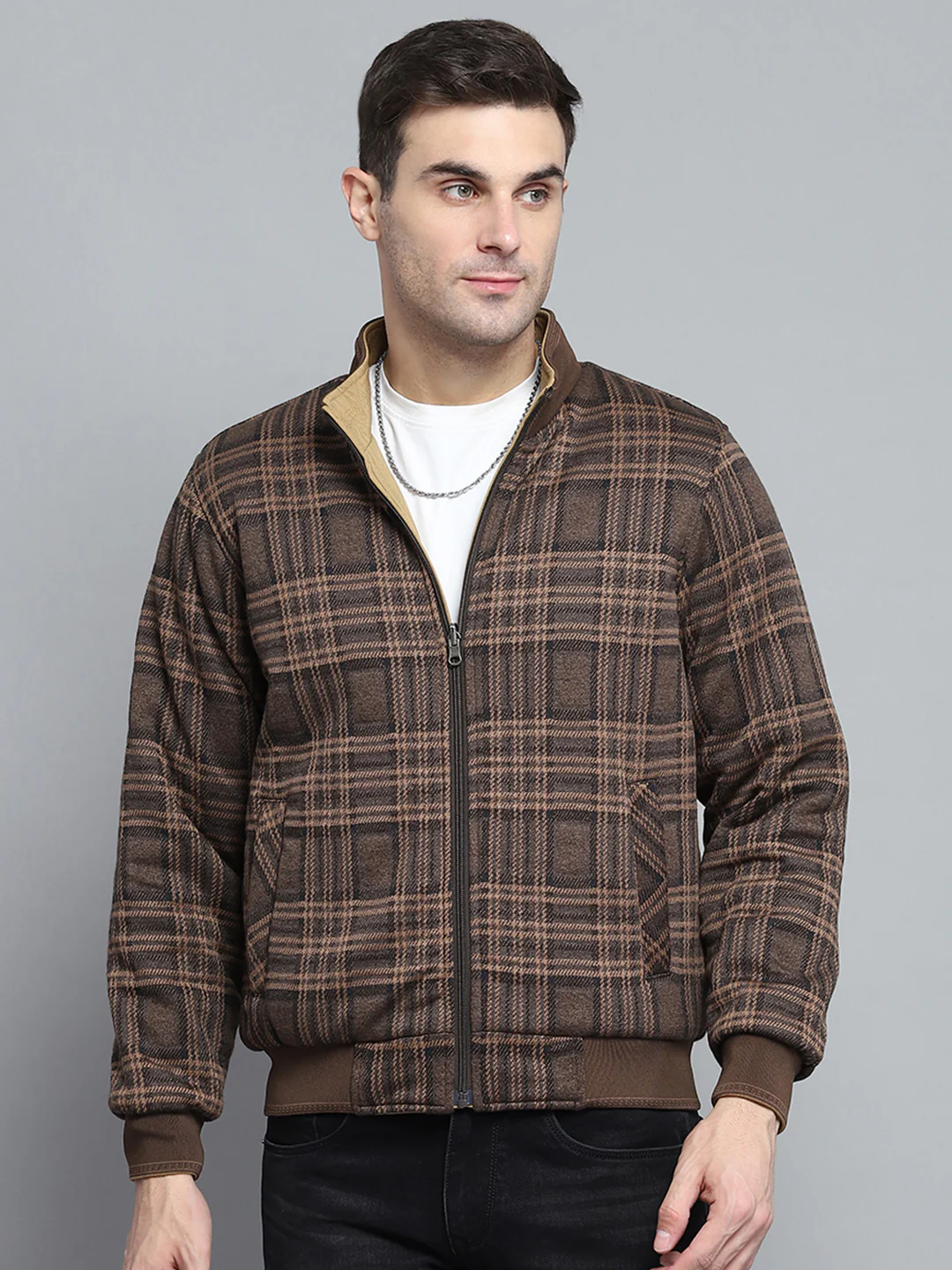 Men Khaki Solid Mock Neck Full Sleeve Jacket - Image 9