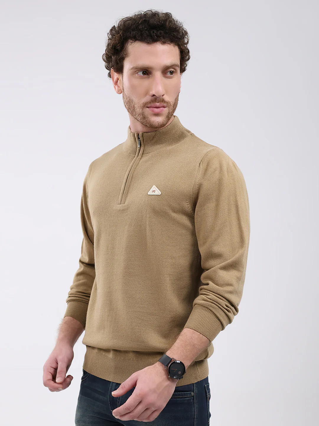 Men Khaki Solid Mock Neck Full Sleeve Pullover - Image 3